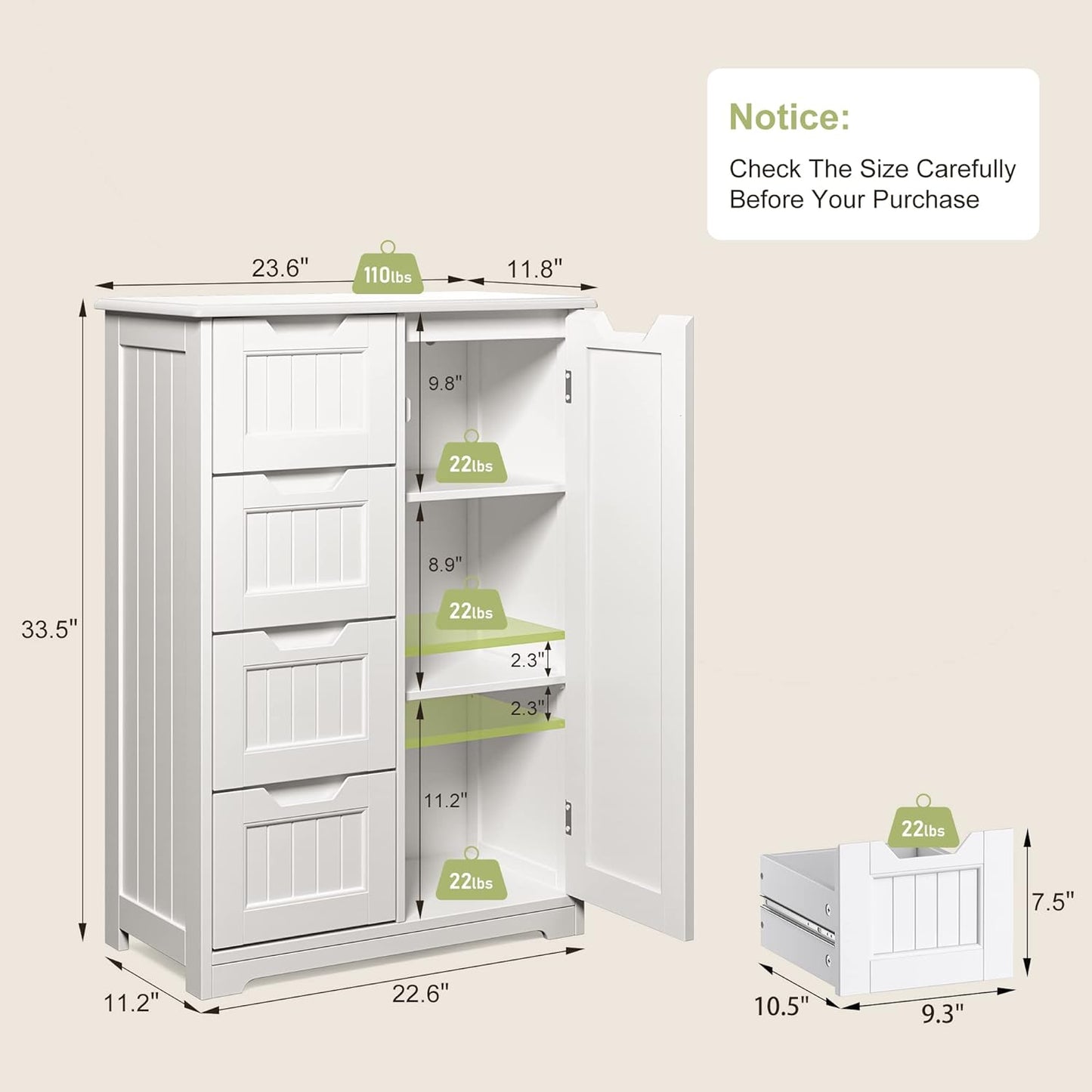 Gizoon 33" Kitchen Pantry Storage Cabinet with Door and Shelves, Small Food Pantry Cabinet Cupboard, Freestanding Wooden Bathroom Storage Cabinet with 4 Drawers for Kitchen and Dining Room, White