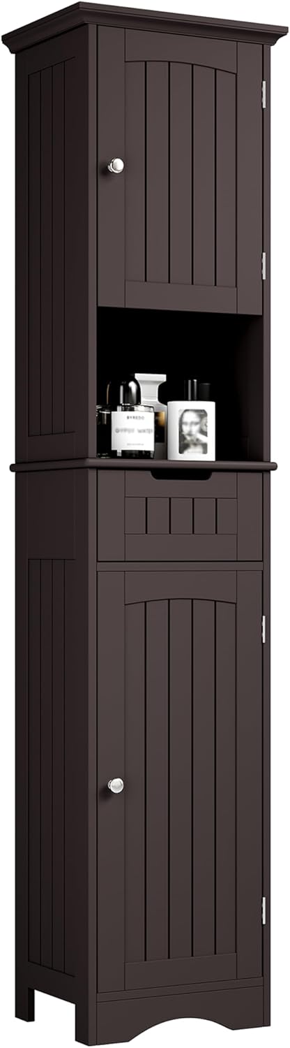 ChooChoo 67" Tall Bathroom Storage Cabinet Freestanding with Adjustable Shelves, Narrow Storage Linen Cabinet with 2 Doors and 1 Drawers for Bathroom, Living Room, Kitchen, Black