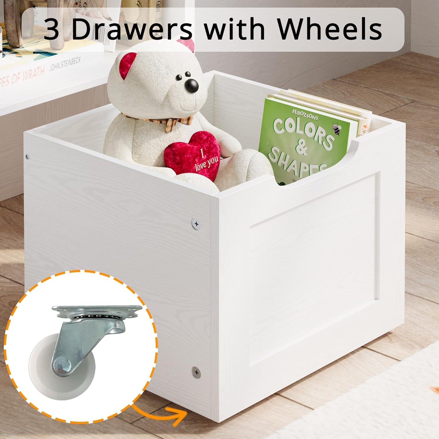 IRONCK Toy Storage Organizer with 3 Movable Drawers, Multifunctional Floor Storage Cabinet Toy Chest with 5 Storage Cubbies, Bookcase for Bedroom and Playroom, White