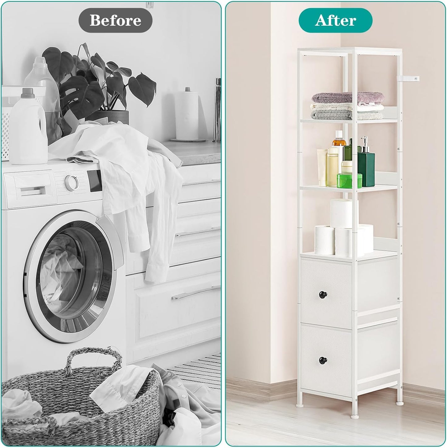Bathroom Tall Cabinet, Skinny Floor Storage Cabinet, 5-Tier Corner Shelf with 2 Fabric Drawers, Freestanding Towel Organizer Rack Stand, Multifunctional Corner Unit, White
