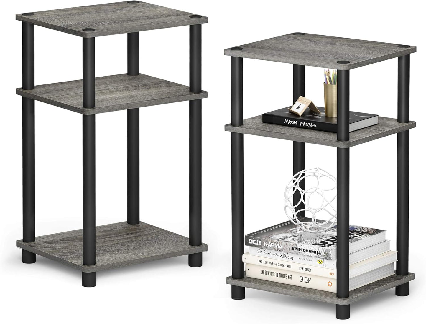 Furinno Just 3-Tier Turn-N-Tube End Table / Side Table / Night Stand / Bedside Table with Plastic Poles, 1-Pack, French Oak Grey/Black