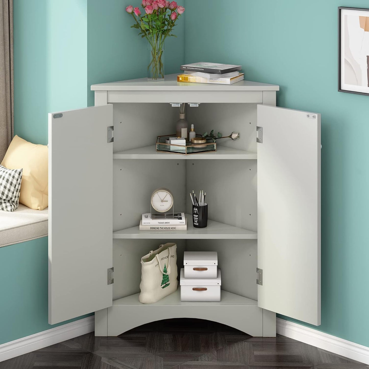 Tall Narrow White Corner Cabinet for Bathroom, Small Thin Wood Multi-Functional Corner Storage Cabinet with Doors and Shelves, Freestanding for Bathroom (White Style2)