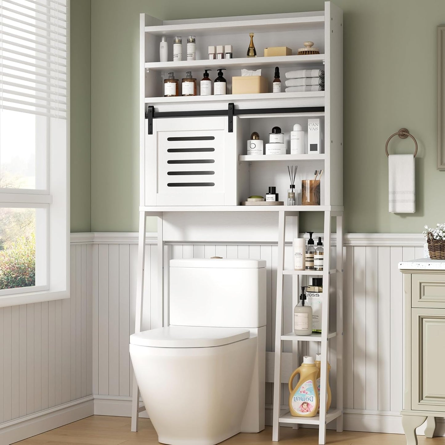Shintenchi Over The Toilet Storage Cabinet, Bathroom Shelf Organizer with Anti-Tip Device Small Freestanding Space Saver with Adjustable Shelf，White