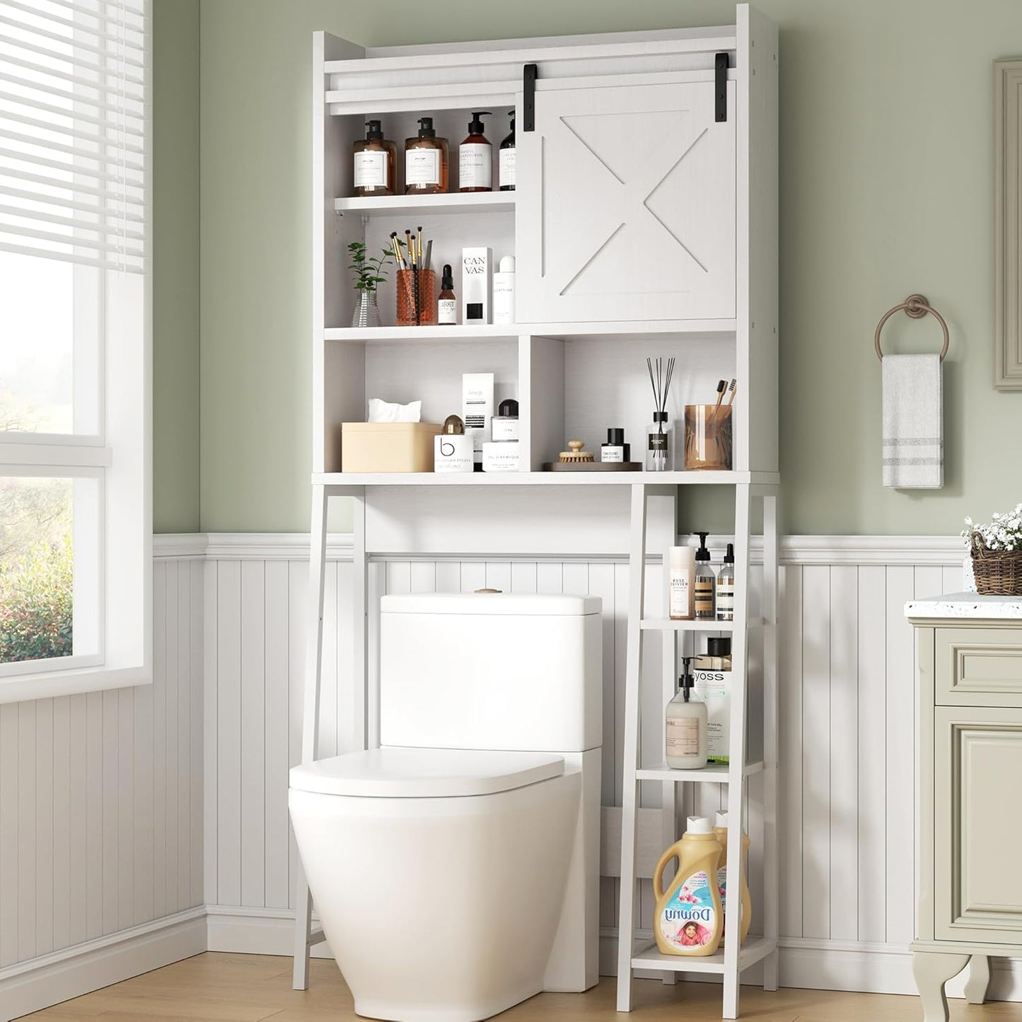 Shintenchi Over The Toilet Storage Cabinet, Bathroom Shelf Organizer with Anti-Tip Device Small Freestanding Space Saver with Adjustable Shelf，White