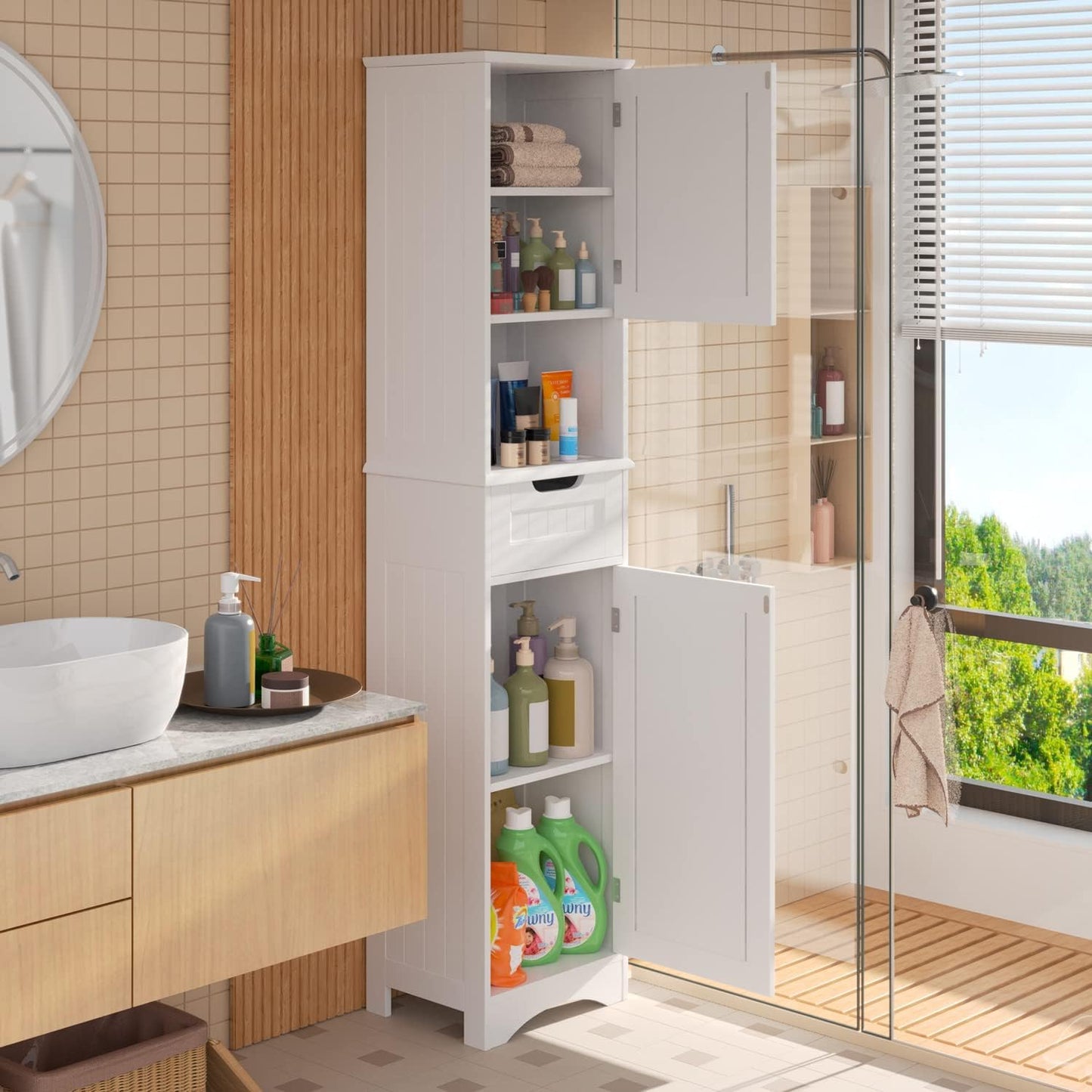Gizoon 67" H Tall Bathroom Cabinet, Storage Cabinet with 2 Doors & Drawer, Narrow Linen Tower Freestanding Adjustable Shelves for Home, Kitchen, Versatile, Anti-Tipping, White