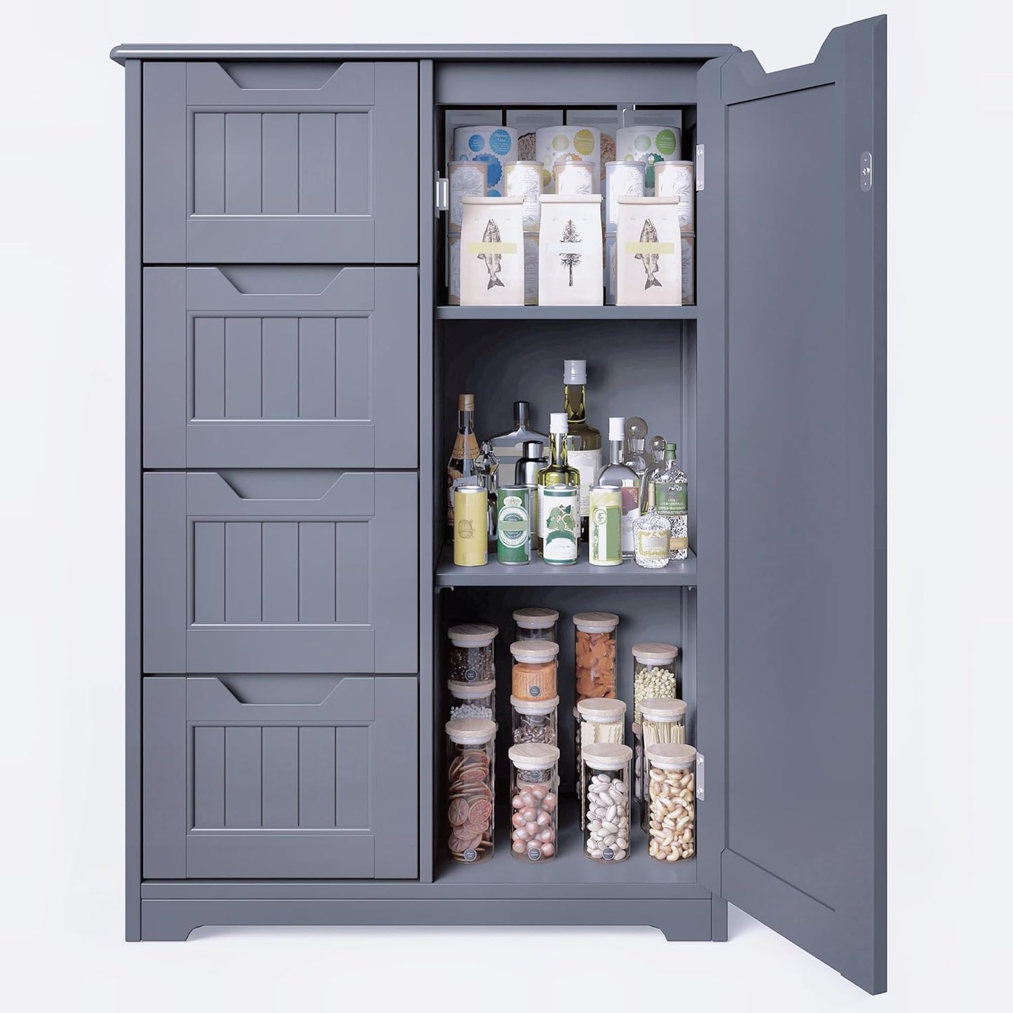 Gizoon 33" Kitchen Pantry Storage Cabinet with Door and Shelves, Small Food Pantry Cabinet Cupboard, Freestanding Wooden Bathroom Storage Cabinet with 4 Drawers for Kitchen and Dining Room, White