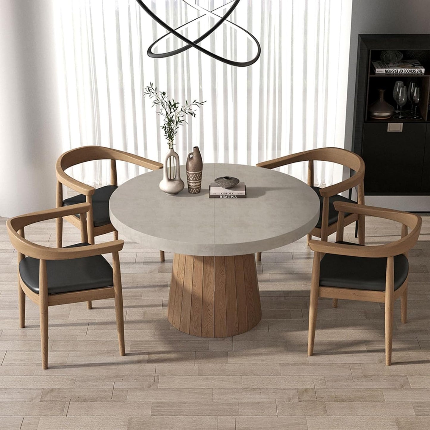 homary Round Extendable Dining Table with Pedestal Base, 39"-55" Expandable Dining Room Table Oval Kitchen Dinette Table for 4-6 (Gray & Walnut)