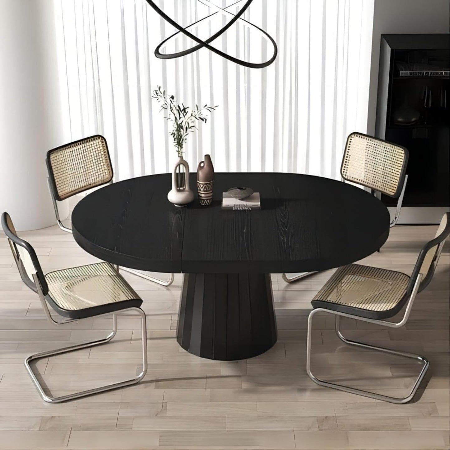 homary Round Extendable Dining Table with Pedestal Base, 39"-55" Expandable Dining Room Table Oval Kitchen Dinette Table for 4-6 (Gray & Walnut)