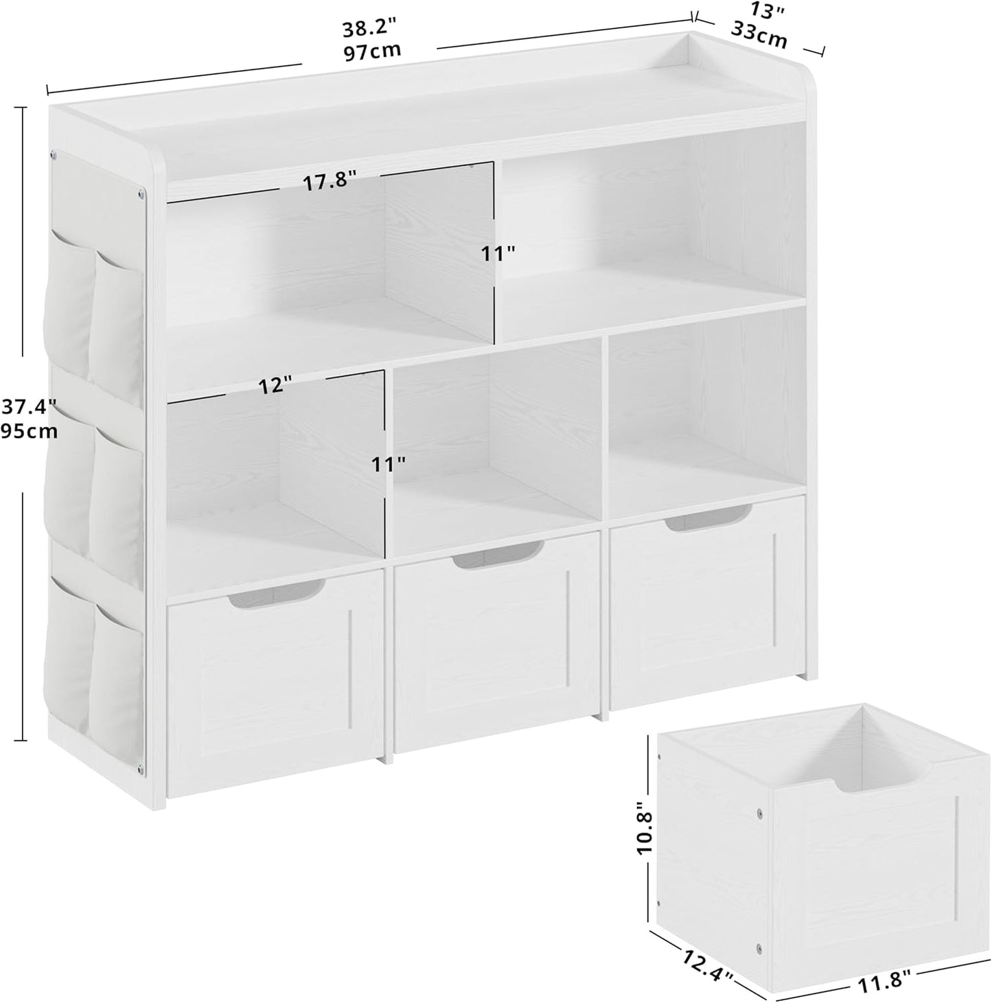 IRONCK Toy Storage Organizer with 3 Movable Drawers, Multifunctional Floor Storage Cabinet Toy Chest with 5 Storage Cubbies, Bookcase for Bedroom and Playroom, White