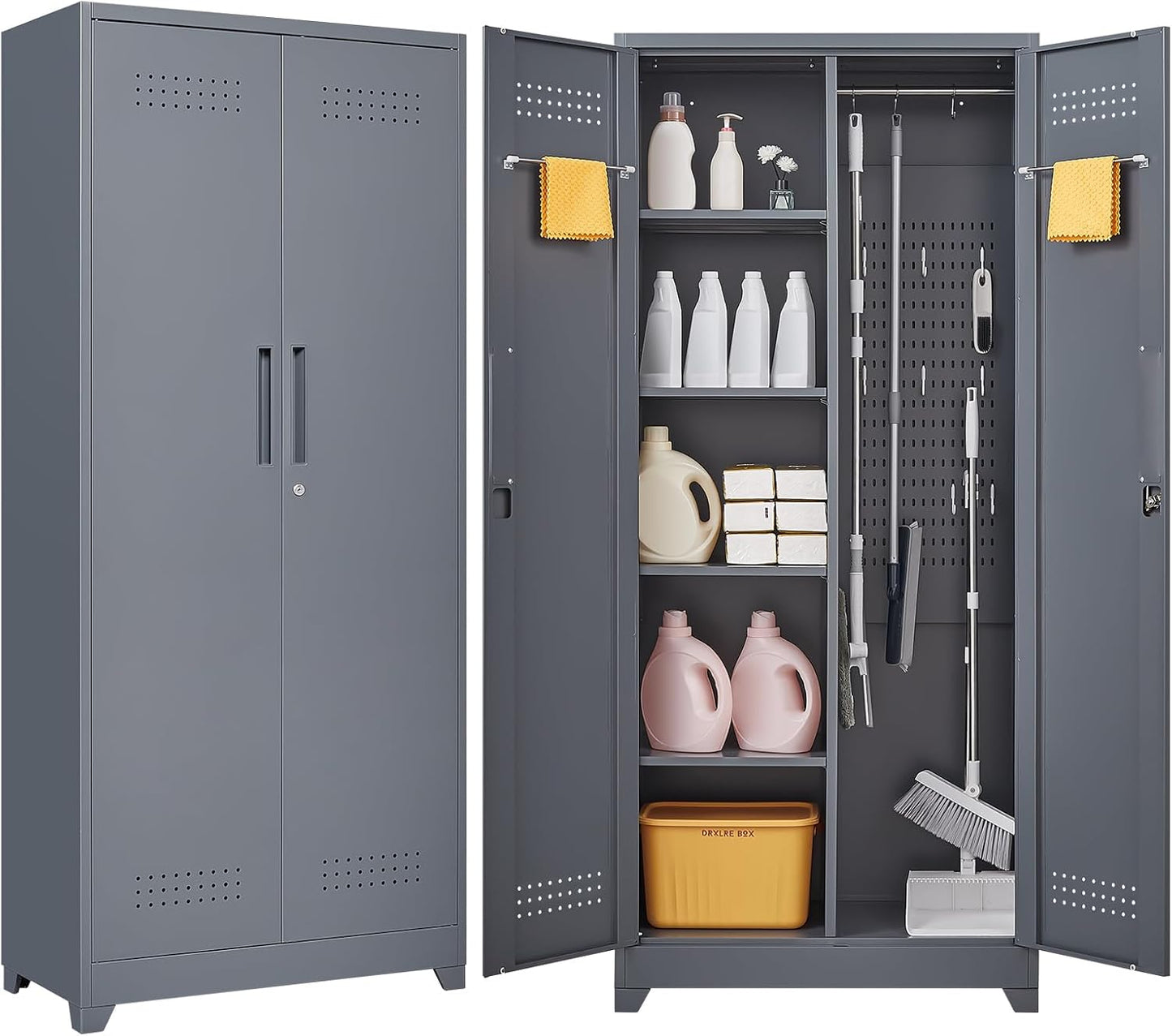 GREATMEET 65" Broom Storage Cabinet, Metal Utility Closet for Brooms and Mops, Cleaning Supply Cabinet with Pegboard, Multifunctional Metal Garage Mop Storage Closet, Grey&White