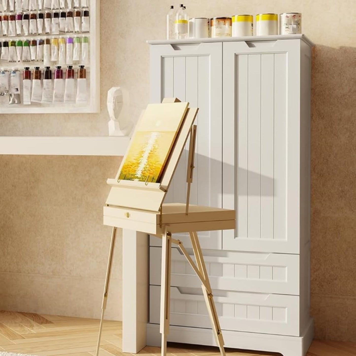 Gizoon Kitchen Pantry Storage Cabinet with Drawers Freestanding Bathroom Storage Cabinets with Doors and Shelves, 47" Small Food Pantry Cabinet for Dining Room Craft Room, White