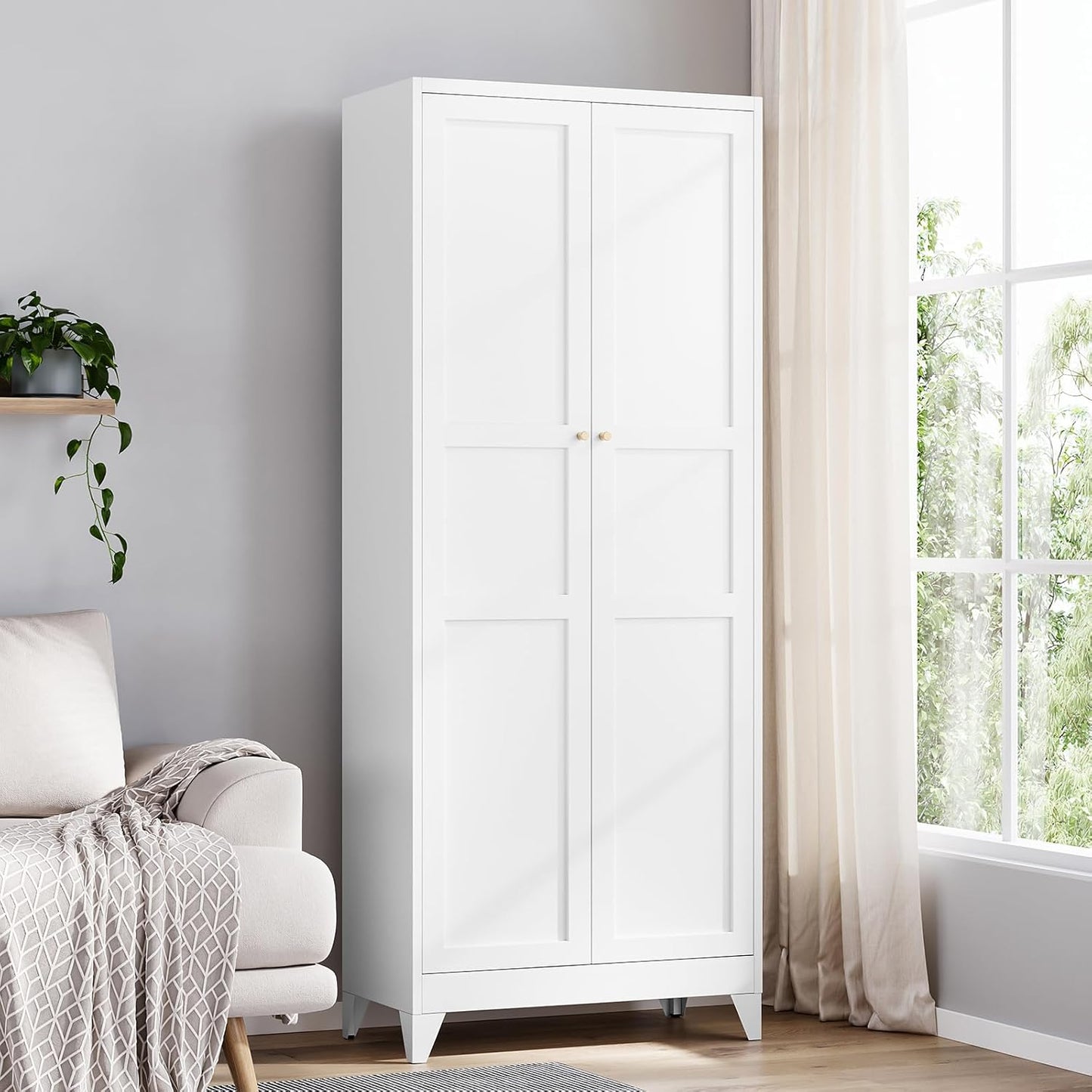 Yizosh Metal Storage Cabinet with 2 Doors and 4 Adjustable Shelves - 61" White Kitchen Pantry Storage 5-Tier Tall Steel Cabinets Locker for Kitchen, Living Room, Dining Room