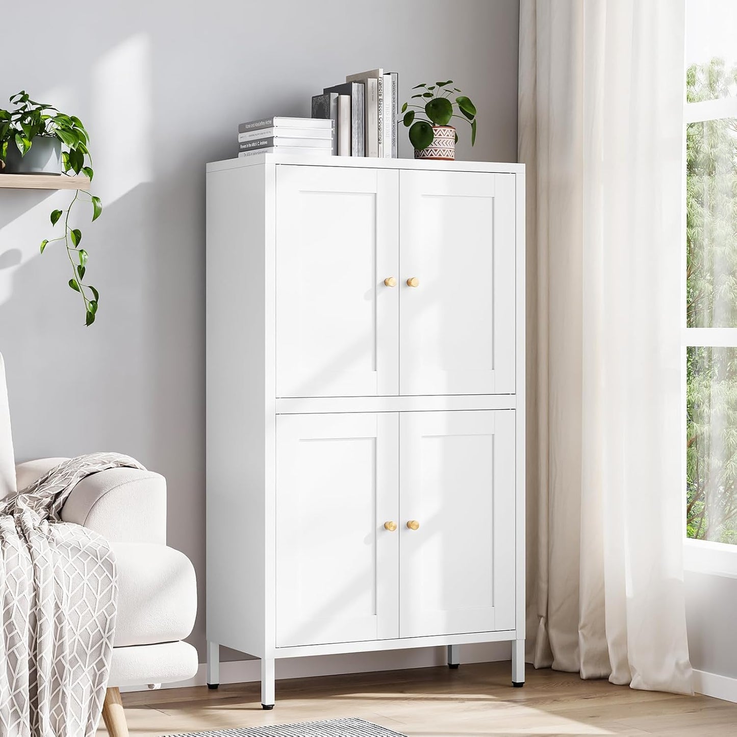 Yizosh Metal Storage Cabinet with 2 Doors and 4 Adjustable Shelves - 61" White Kitchen Pantry Storage 5-Tier Tall Steel Cabinets Locker for Kitchen, Living Room, Dining Room