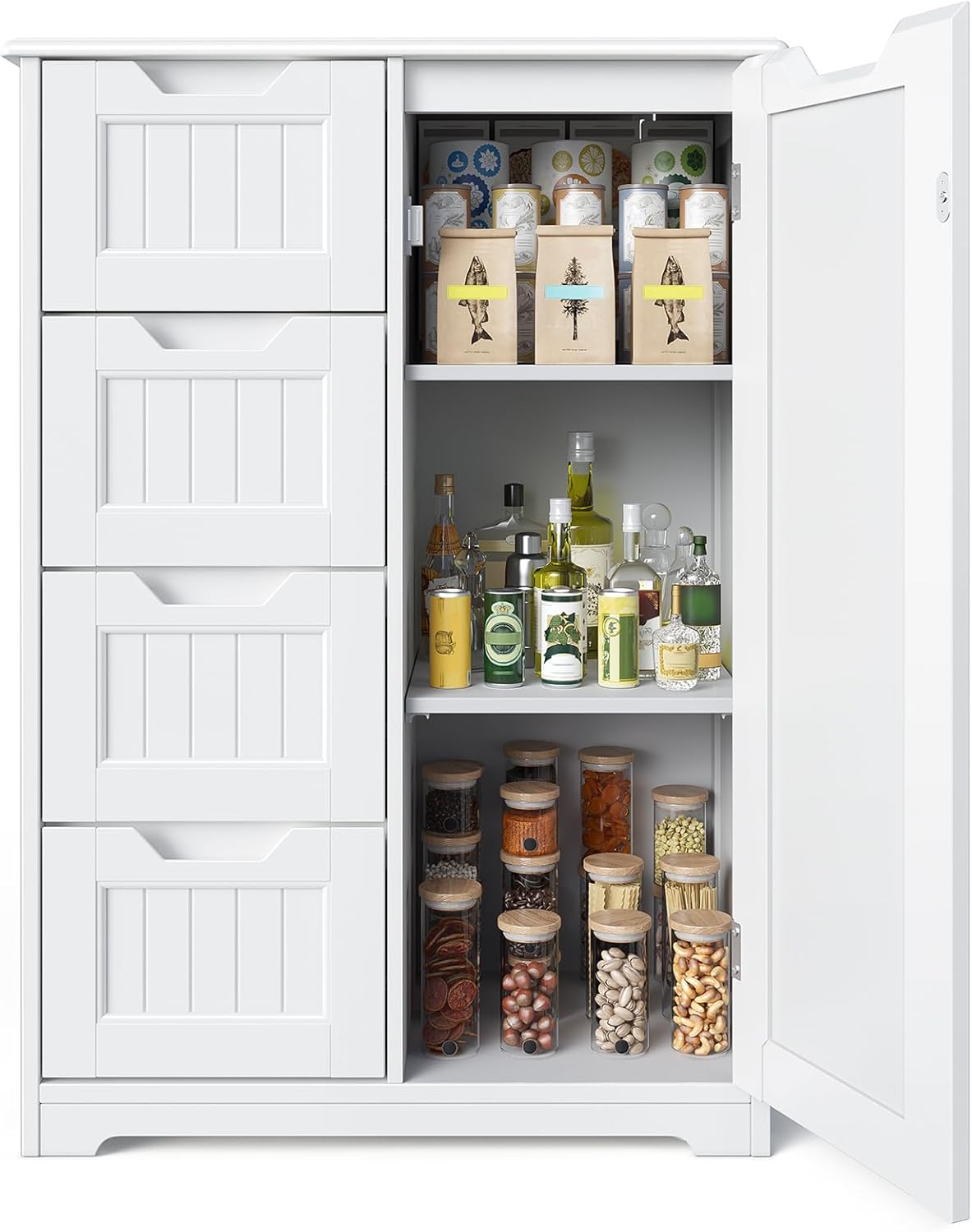 Gizoon 33" Kitchen Pantry Storage Cabinet with Door and Shelves, Small Food Pantry Cabinet Cupboard, Freestanding Wooden Bathroom Storage Cabinet with 4 Drawers for Kitchen and Dining Room, White