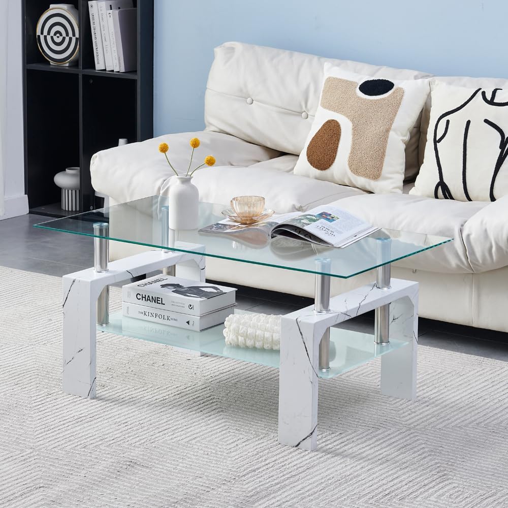 Living Room Rectangle Coffee Table, Tea Table Suitable for Waiting Room, Modern Side Coffee Table with Wooden Leg, Glass Tabletop with Lower Shelf, White 39.5 * 23.5 * 17.5