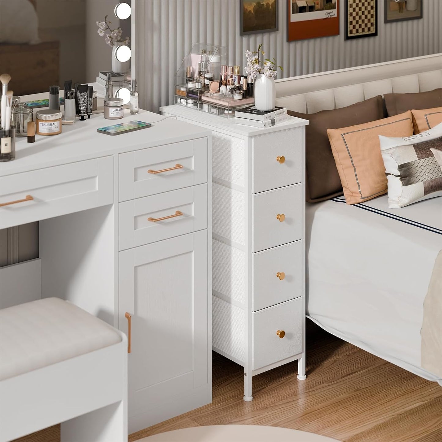 Fixwal Narrow Storage Cabinet, Narrow Nightstand Dresser with 4 Drawers, Slim Fabric Dresser Storage Tower for Small Spaces, White Dresser, for Bedroom, Bathroom, Laundry, Closet