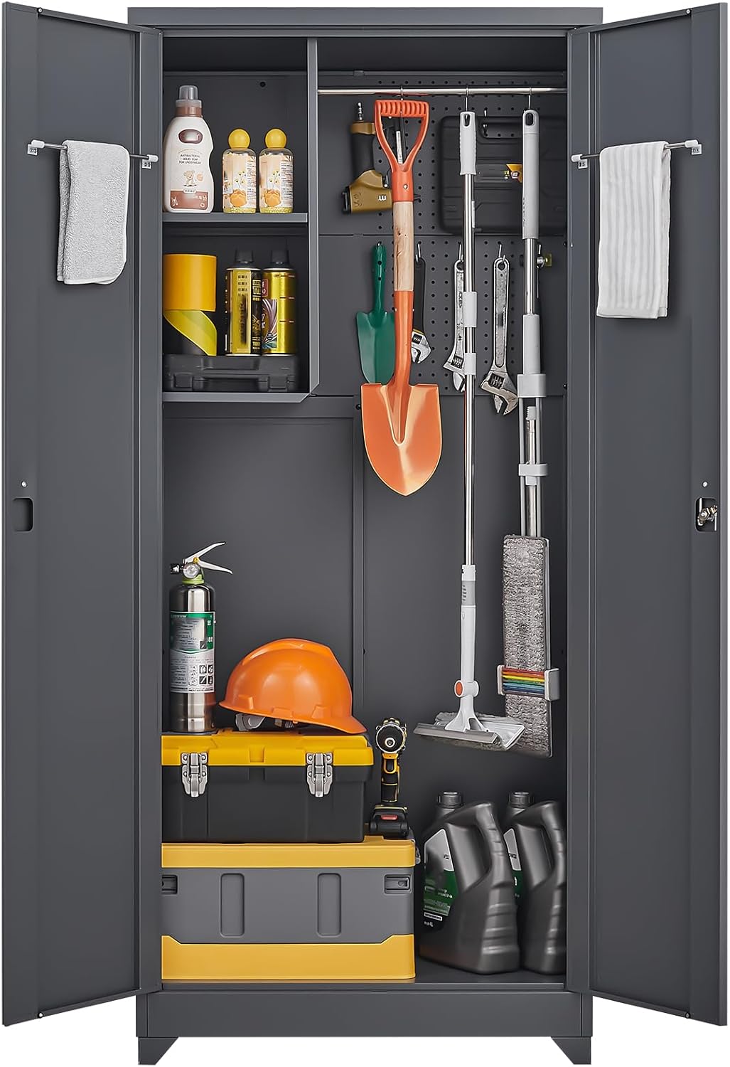GREATMEET 65" Broom Storage Cabinet, Metal Utility Closet for Brooms and Mops, Cleaning Supply Cabinet with Pegboard, Multifunctional Metal Garage Mop Storage Closet, Grey&White