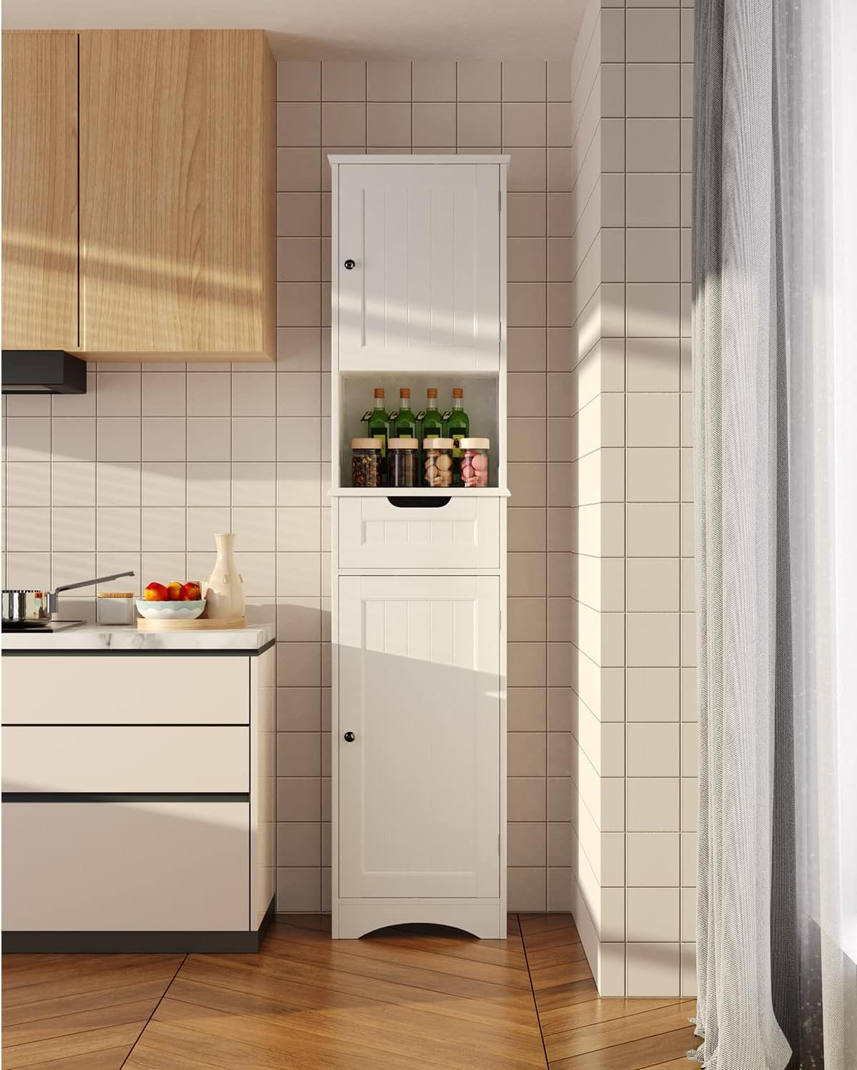 Gizoon 67" H Tall Bathroom Cabinet, Storage Cabinet with 2 Doors & Drawer, Narrow Linen Tower Freestanding Adjustable Shelves for Home, Kitchen, Versatile, Anti-Tipping, White