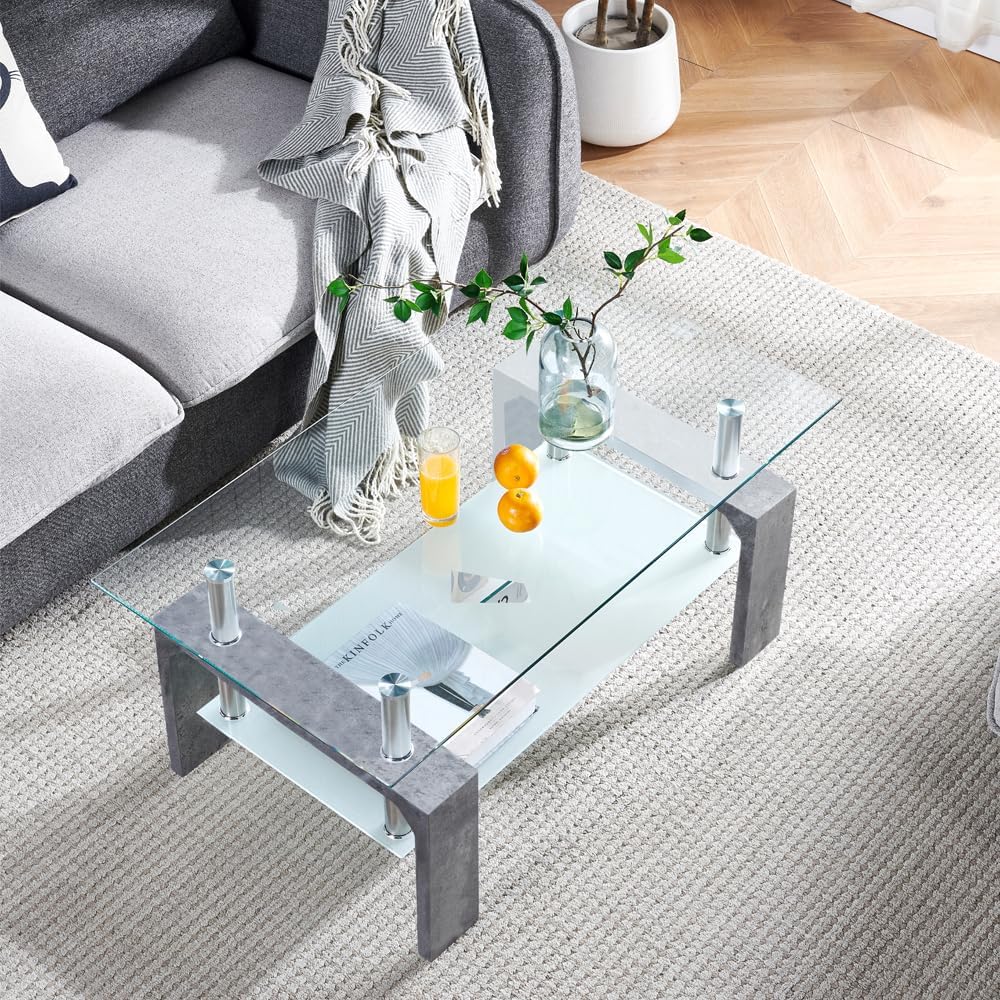 Living Room Rectangle Coffee Table, Tea Table Suitable for Waiting Room, Modern Side Coffee Table with Wooden Leg, Glass Tabletop with Lower Shelf, White 39.5 * 23.5 * 17.5