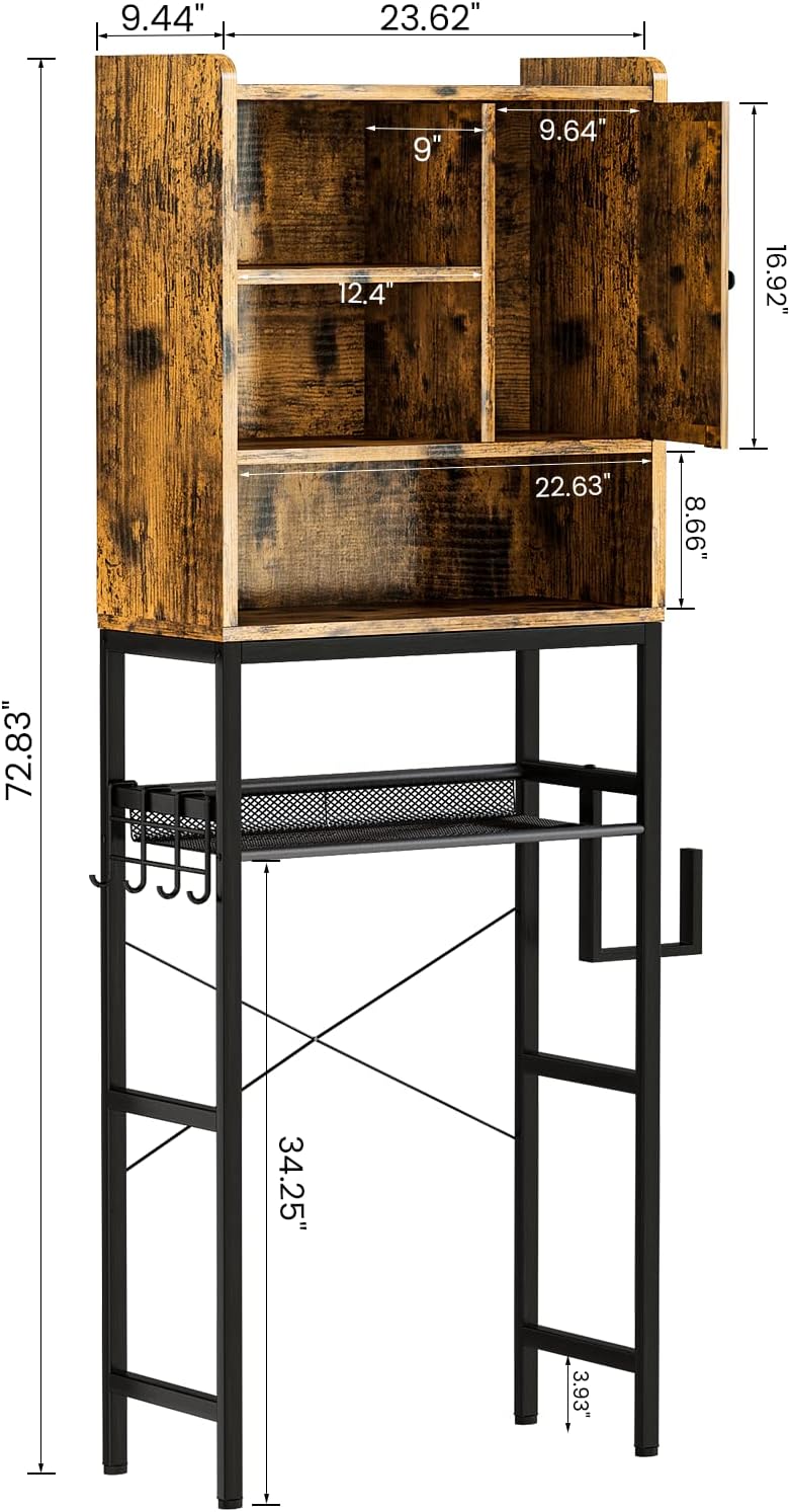 AWQM Over The Toilet Storage Cabinet, Bathroom Cabinet Organizer with Adjustable Shelf, Freestanding Space Saver Toilet Stands with Door, Paper Hook, Multifunctional Bathroom Toilet Rack, Rustic Brown