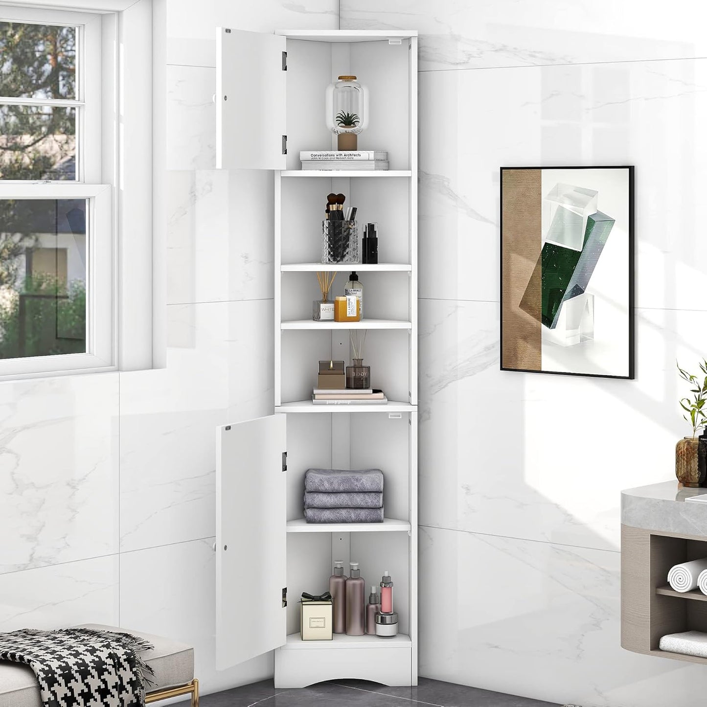 Tall Narrow White Corner Cabinet for Bathroom, Small Thin Wood Multi-Functional Corner Storage Cabinet with Doors and Shelves, Freestanding for Bathroom (White Style2)