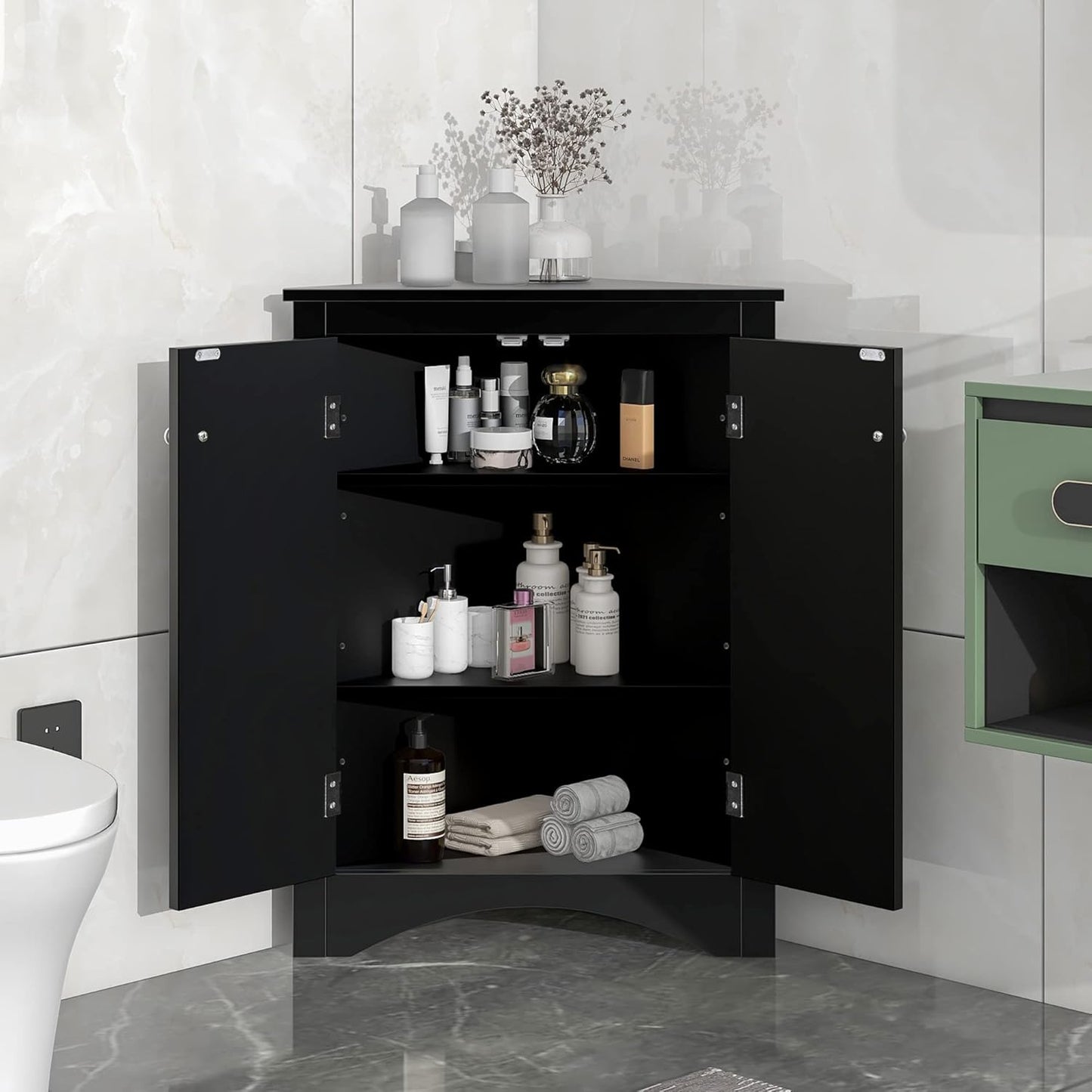 Tall Narrow White Corner Cabinet for Bathroom, Small Thin Wood Multi-Functional Corner Storage Cabinet with Doors and Shelves, Freestanding for Bathroom (White Style2)