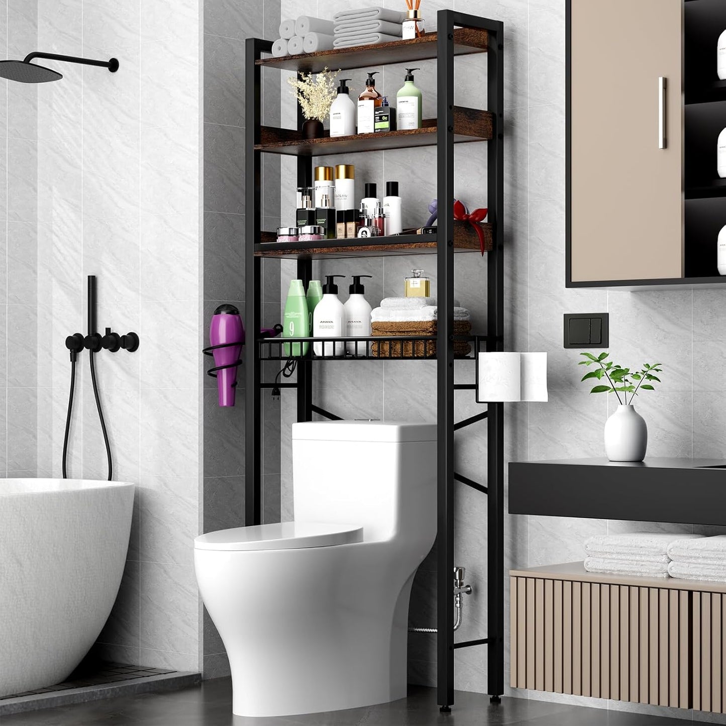 Over The Toilet Storage Cabinet,4 Tier Bathroom Organizer and Storage With Adjustable Shelf Waterproof Feet Pad and Basket Multifunctional Space Saver Freestanding Bathroom Shelves With Dividers Black