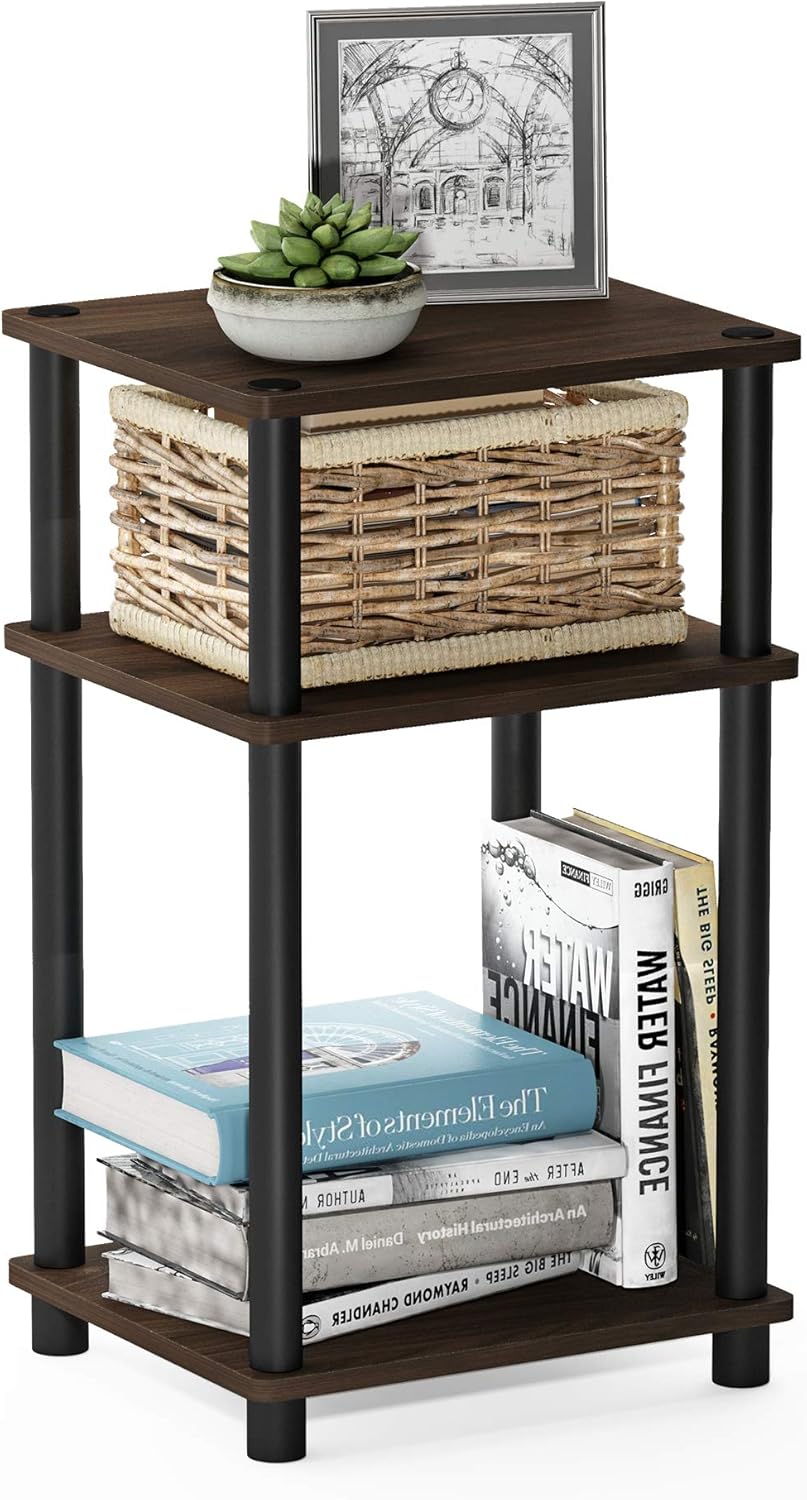 Furinno Just 3-Tier Turn-N-Tube End Table / Side Table / Night Stand / Bedside Table with Plastic Poles, 1-Pack, French Oak Grey/Black