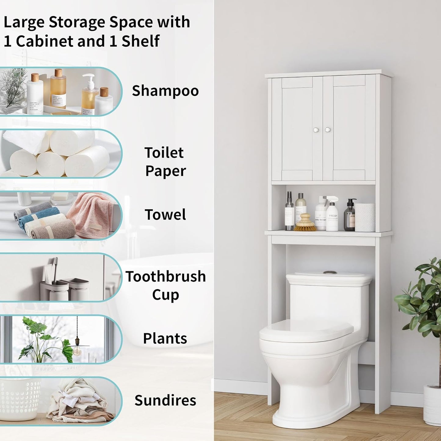 Shintenchi Over The Toilet Storage Cabinet, Bathroom Shelf Organizer with Anti-Tip Device Small Freestanding Space Saver with Adjustable Shelf，White