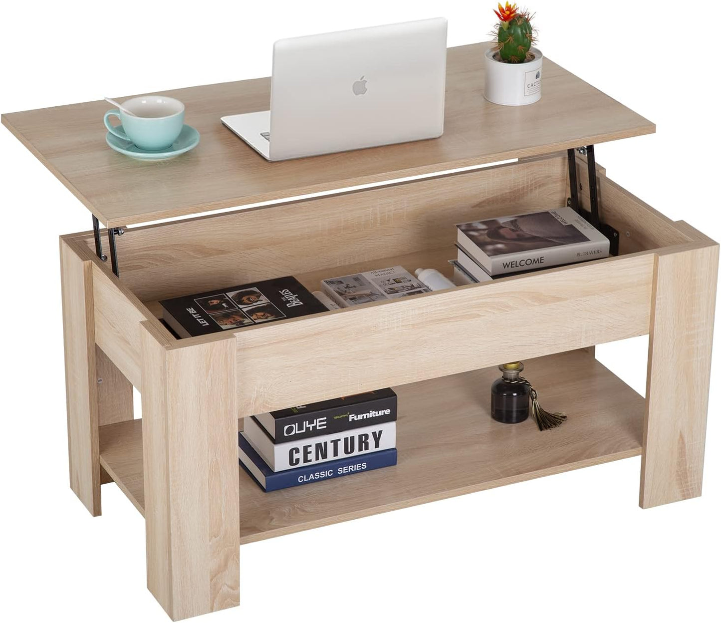 FDW Lift Top Coffee Table with Hidden Compartment and Storage Shelf Wooden Lift Tabletop for Home Living Room Reception Room Office,39.4",Brown