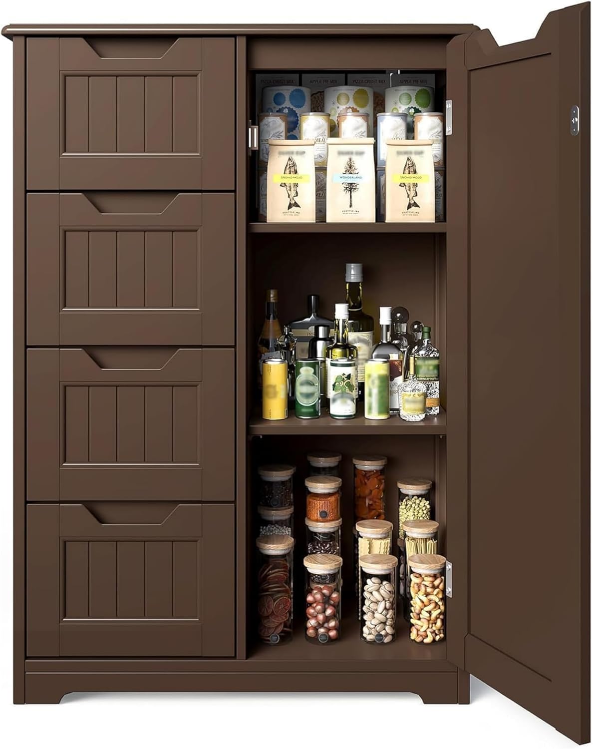 Gizoon 33" Kitchen Pantry Storage Cabinet with Door and Shelves, Small Food Pantry Cabinet Cupboard, Freestanding Wooden Bathroom Storage Cabinet with 4 Drawers for Kitchen and Dining Room, White