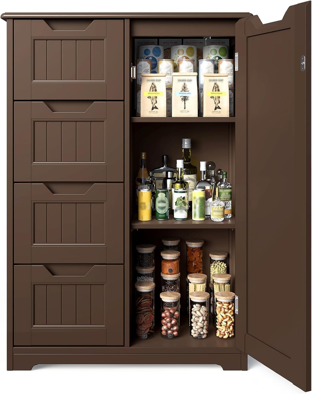 Gizoon 33" Kitchen Pantry Storage Cabinet with Door and Shelves, Small Food Pantry Cabinet Cupboard, Freestanding Wooden Bathroom Storage Cabinet with 4 Drawers for Kitchen and Dining Room, White