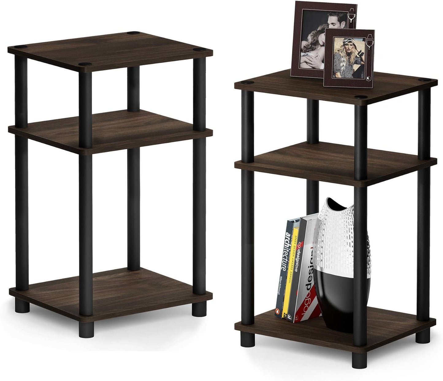 Furinno Just 3-Tier Turn-N-Tube End Table / Side Table / Night Stand / Bedside Table with Plastic Poles, 1-Pack, French Oak Grey/Black