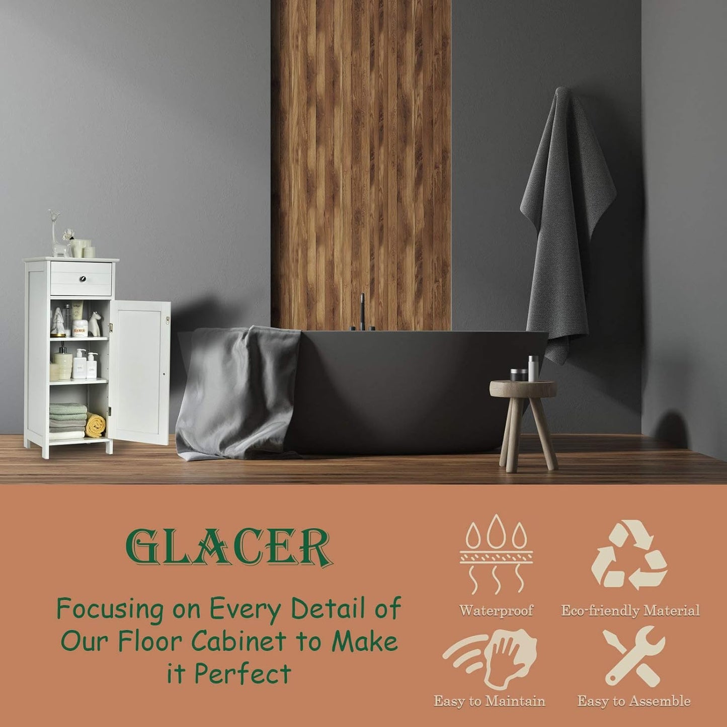 GLACER Floor Storage Cabinet, Multifunctional Bathroom Storage Cabinet with 2 Adjustable Shelves, Ideal for Bathroom, Living Room, 14 x 12 x 34.5 inches (White)