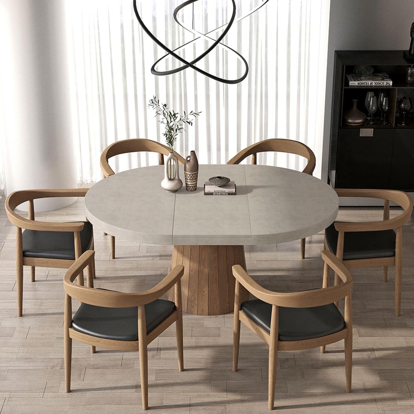homary Round Extendable Dining Table with Pedestal Base, 39"-55" Expandable Dining Room Table Oval Kitchen Dinette Table for 4-6 (Gray & Walnut)