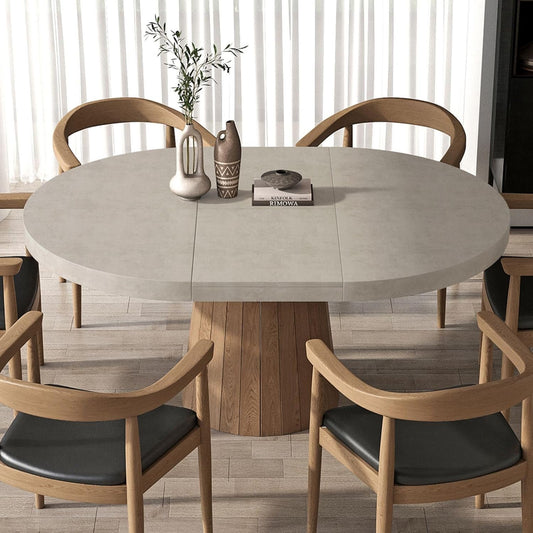 homary Round Extendable Dining Table with Pedestal Base, 39"-55" Expandable Dining Room Table Oval Kitchen Dinette Table for 4-6 (Gray & Walnut)