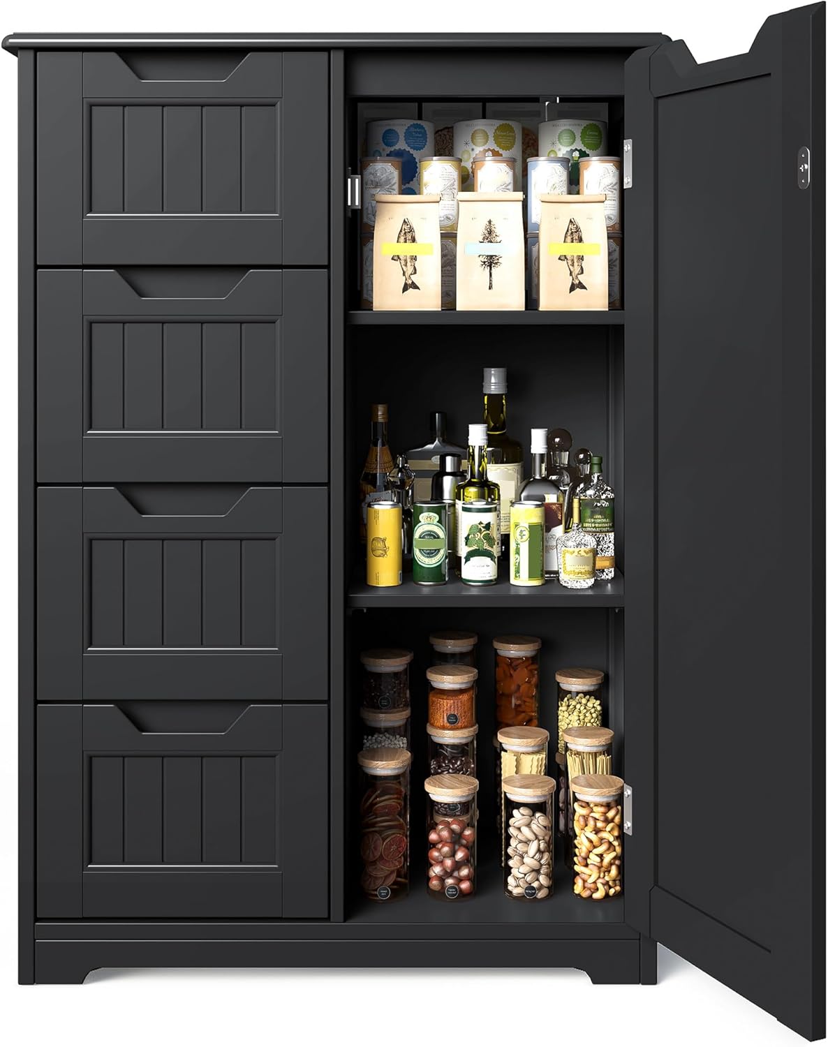 Gizoon 33" Kitchen Pantry Storage Cabinet with Door and Shelves, Small Food Pantry Cabinet Cupboard, Freestanding Wooden Bathroom Storage Cabinet with 4 Drawers for Kitchen and Dining Room, White