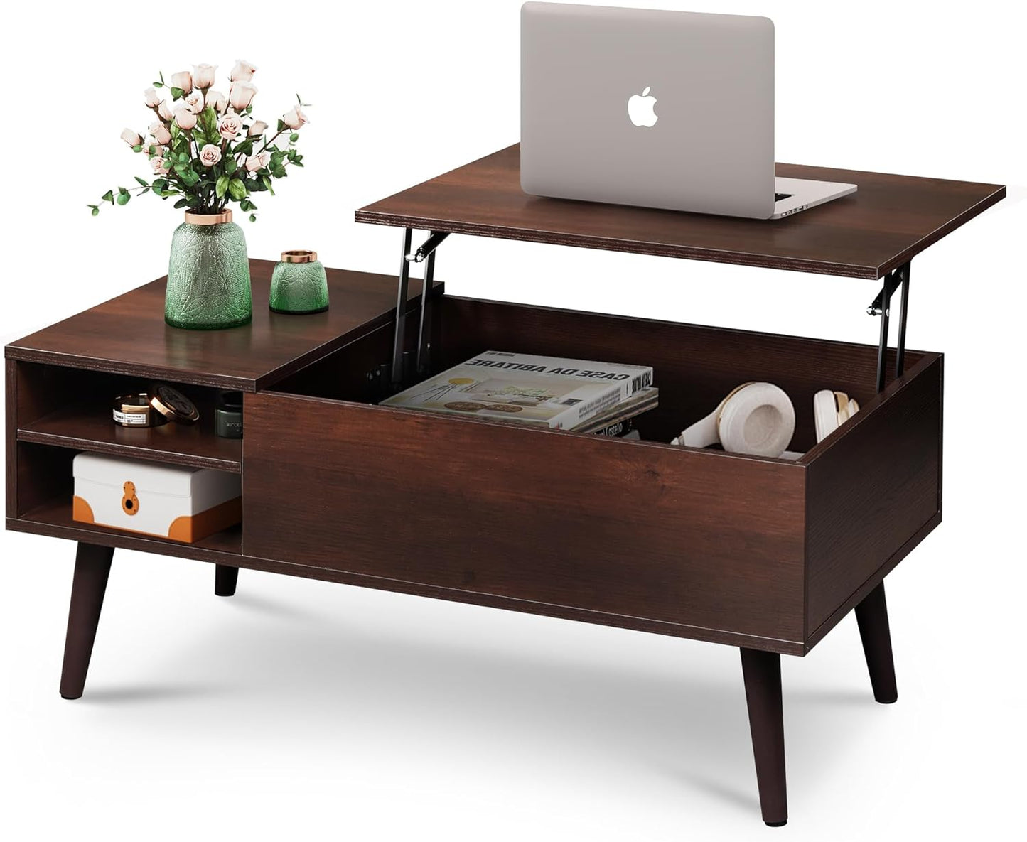 WLIVE Lift Top Coffee Table for Living Room,Small Coffee Table with Storage, Adjustable Shelf and Storage Compartment, Mid Century Modern Living Room Table, Wood, Rustic Brown
