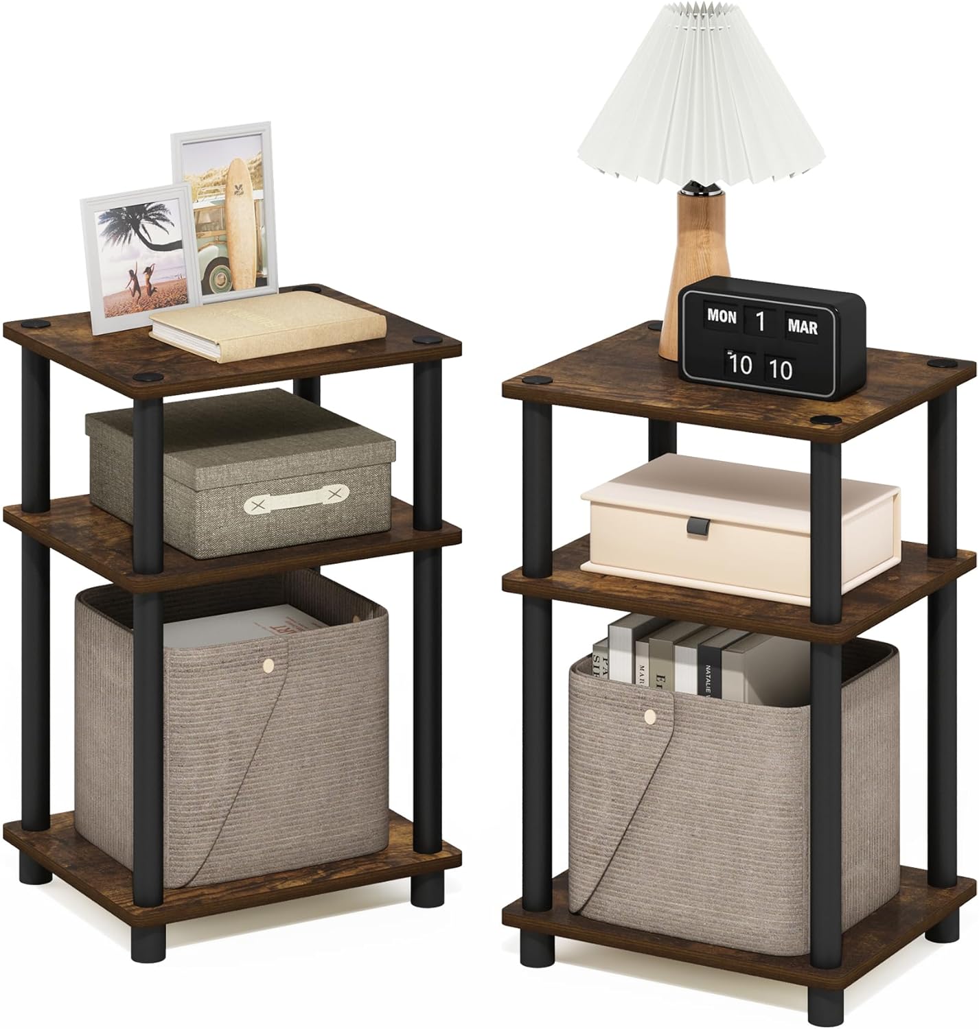 Furinno Just 3-Tier Turn-N-Tube End Table / Side Table / Night Stand / Bedside Table with Plastic Poles, 1-Pack, French Oak Grey/Black