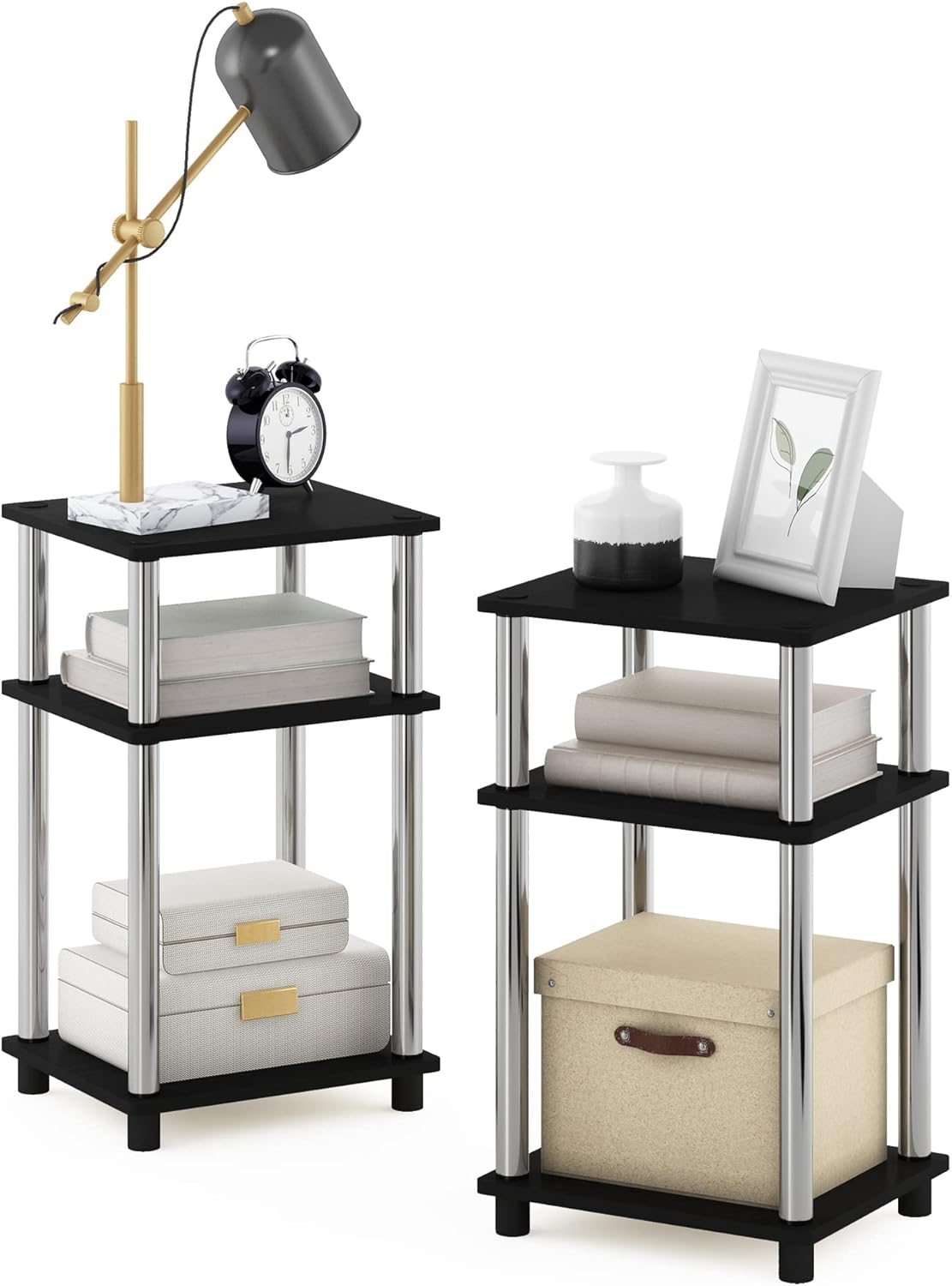 Furinno Just 3-Tier Turn-N-Tube End Table / Side Table / Night Stand / Bedside Table with Plastic Poles, 1-Pack, French Oak Grey/Black