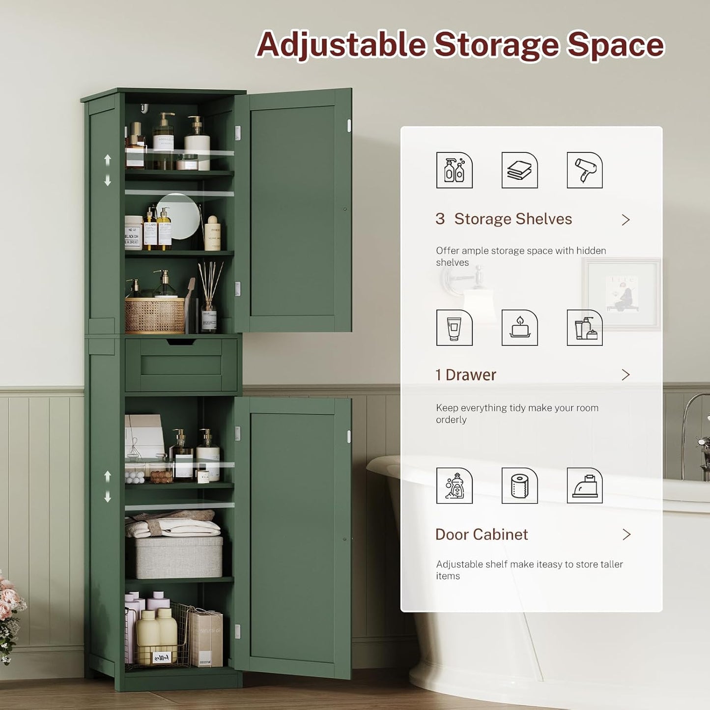Tall Bathroom Cabinet with 2 Doors & 1 Drawer, Narrow Bathroom Storage Cabinet with Adjustable Shelves, for Living Room, Entryway, Kitchen, Forest Green