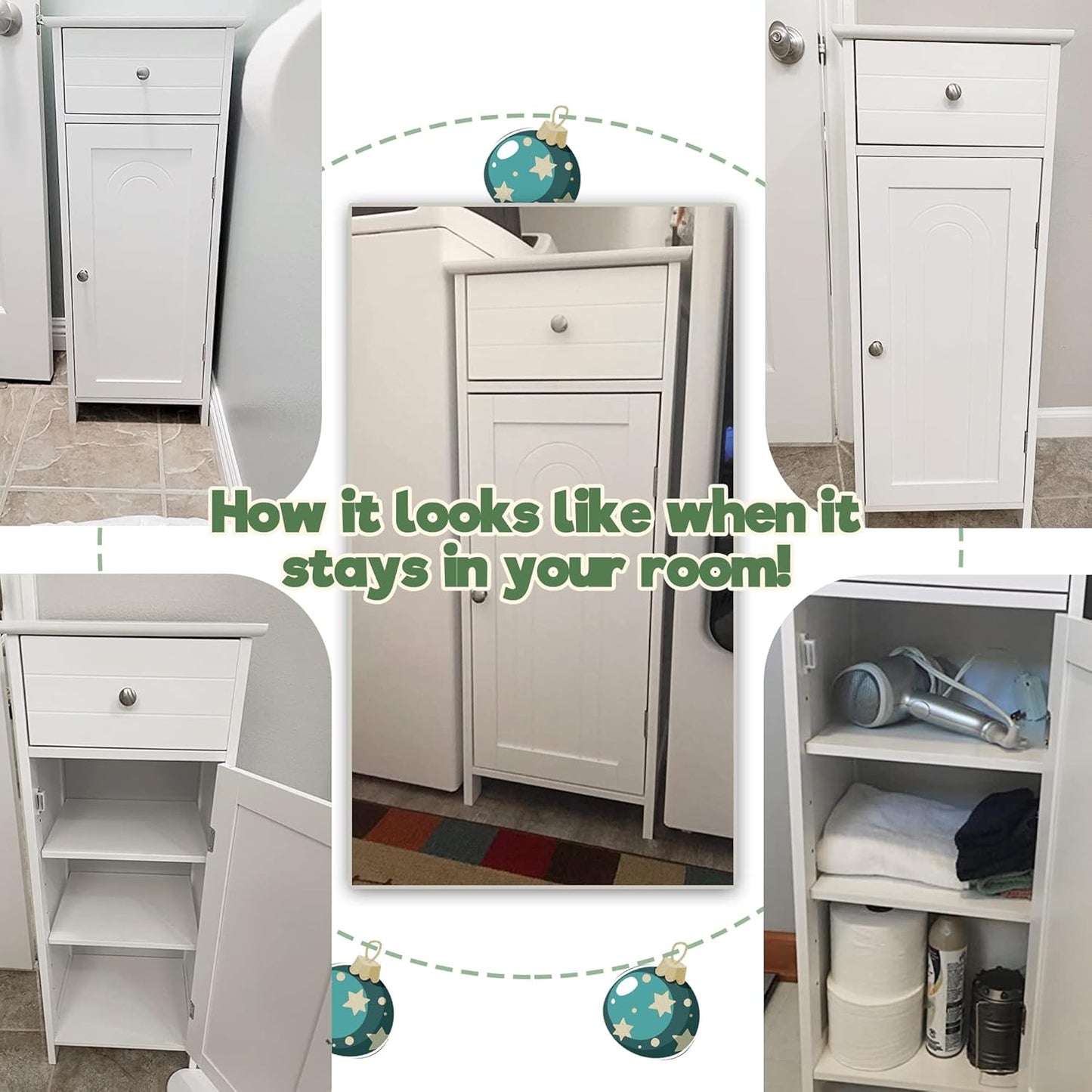 GLACER Floor Storage Cabinet, Multifunctional Bathroom Storage Cabinet with 2 Adjustable Shelves, Ideal for Bathroom, Living Room, 14 x 12 x 34.5 inches (White)