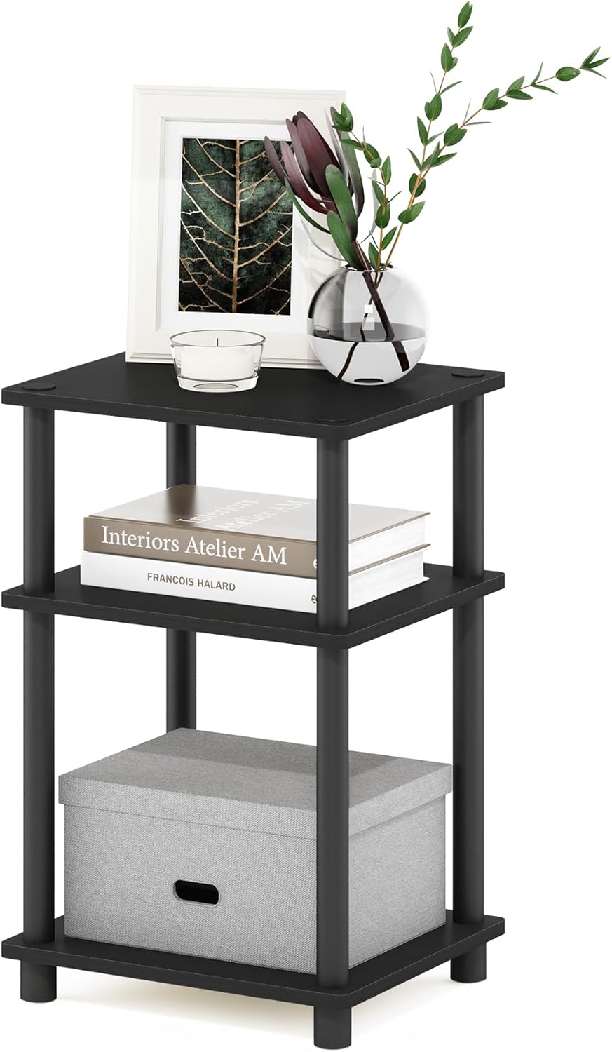Furinno Just 3-Tier Turn-N-Tube End Table / Side Table / Night Stand / Bedside Table with Plastic Poles, 1-Pack, French Oak Grey/Black