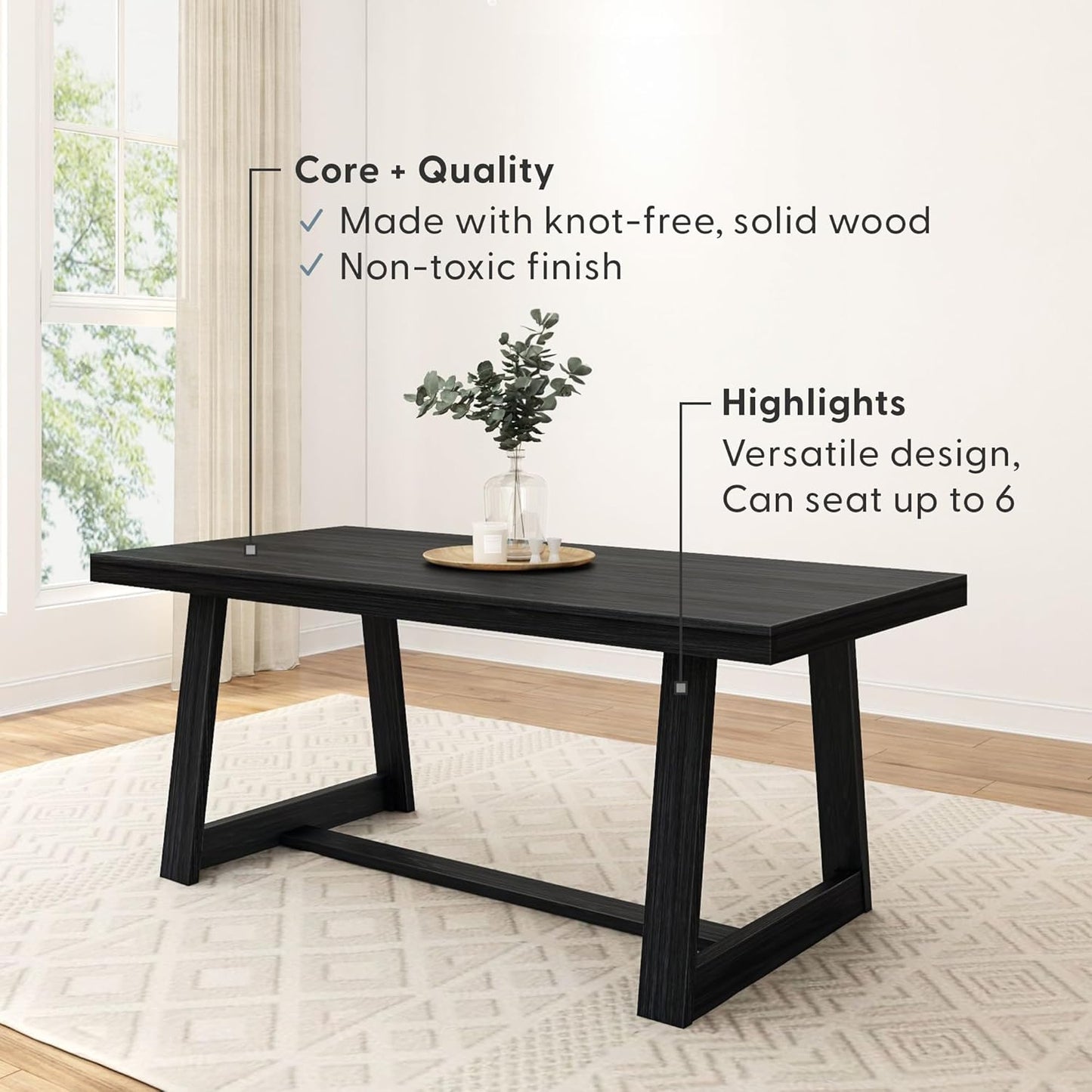 Plank+Beam 72 Inch Farmhouse Dining Table, Solid Wood Rustic Kitchen Table, Large Wooden Rectangular Dinner Table for Dining Room, Home Office, Living Room Furniture, Easy Assembly, Black Wirebrush