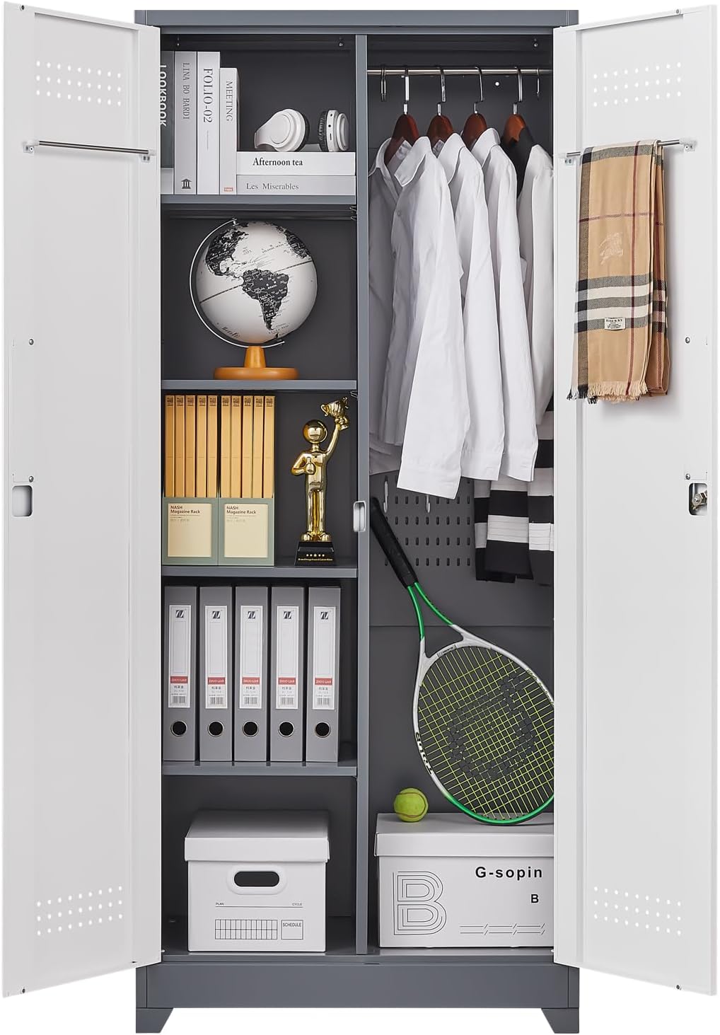 GREATMEET 65" Broom Storage Cabinet, Metal Utility Closet for Brooms and Mops, Cleaning Supply Cabinet with Pegboard, Multifunctional Metal Garage Mop Storage Closet, Grey&White