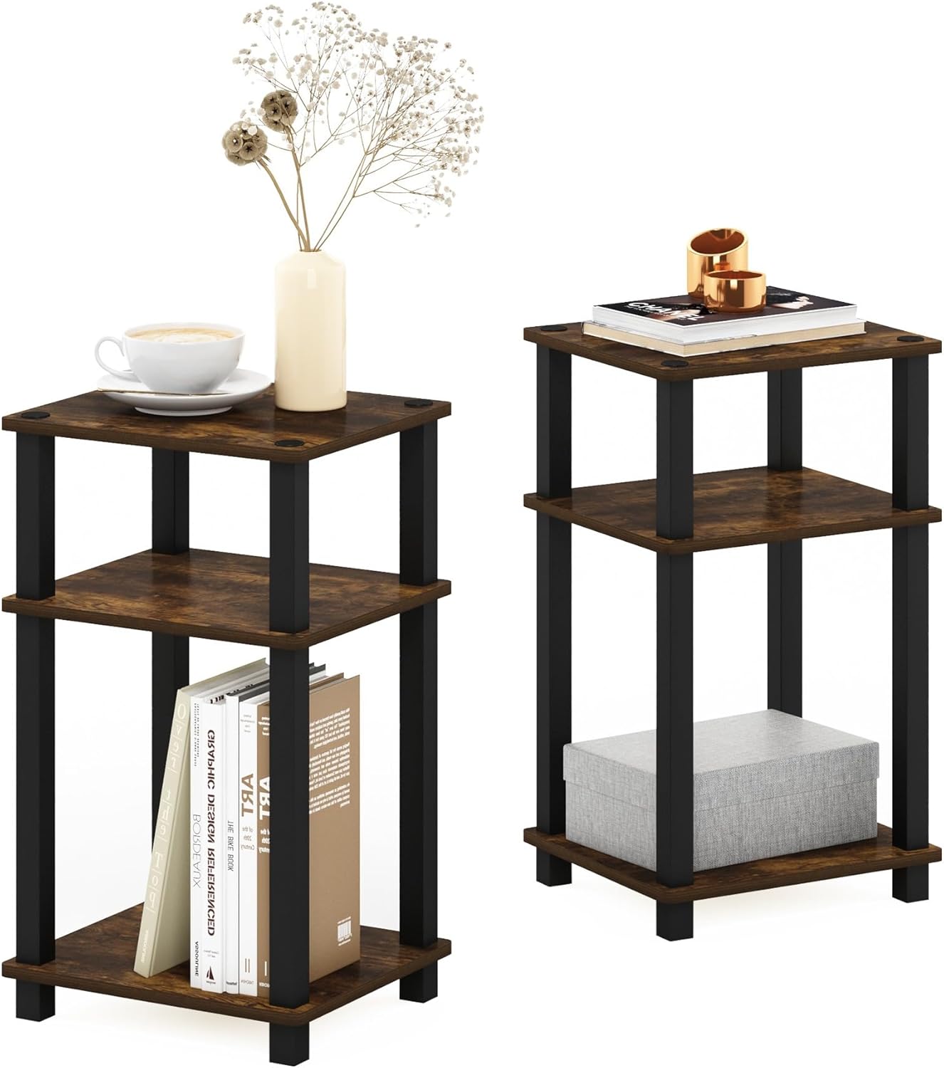 Furinno Just 3-Tier Turn-N-Tube End Table / Side Table / Night Stand / Bedside Table with Plastic Poles, 1-Pack, French Oak Grey/Black