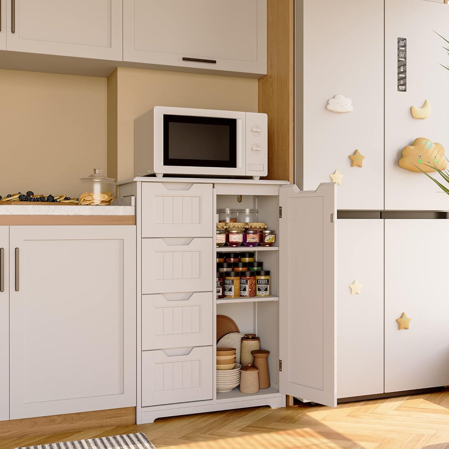 Gizoon 33" Kitchen Pantry Storage Cabinet with Door and Shelves, Small Food Pantry Cabinet Cupboard, Freestanding Wooden Bathroom Storage Cabinet with 4 Drawers for Kitchen and Dining Room, White