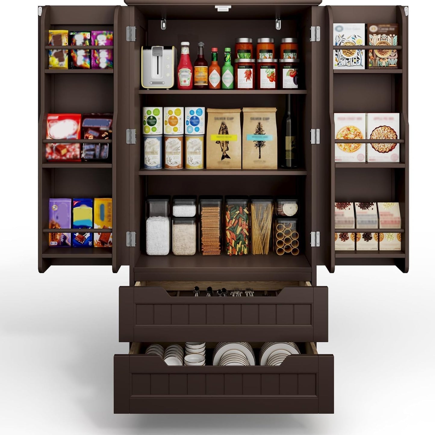 Gizoon Kitchen Pantry Storage Cabinet with Drawers Freestanding Bathroom Storage Cabinets with Doors and Shelves, 47" Small Food Pantry Cabinet for Dining Room Craft Room, White
