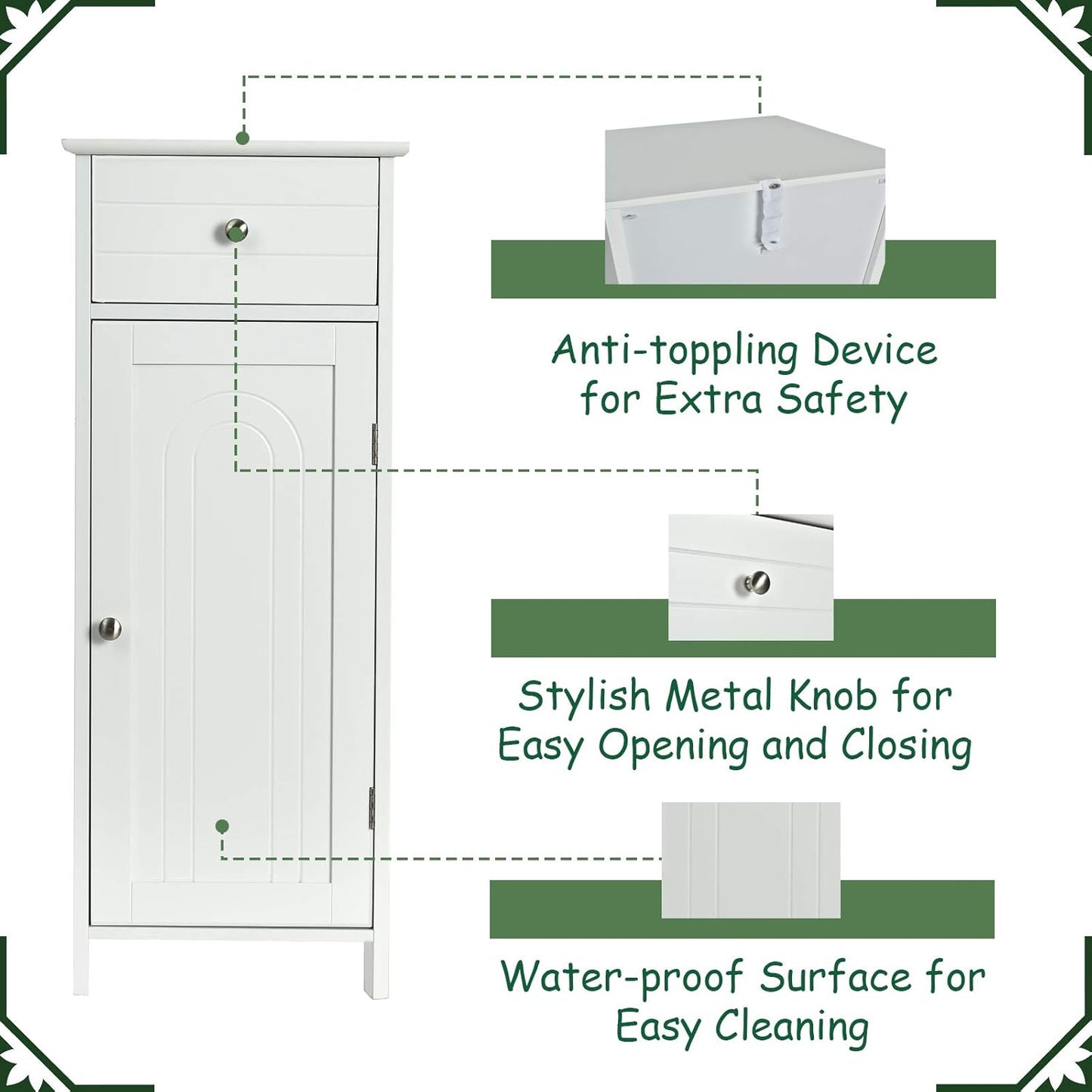 GLACER Floor Storage Cabinet, Multifunctional Bathroom Storage Cabinet with 2 Adjustable Shelves, Ideal for Bathroom, Living Room, 14 x 12 x 34.5 inches (White)
