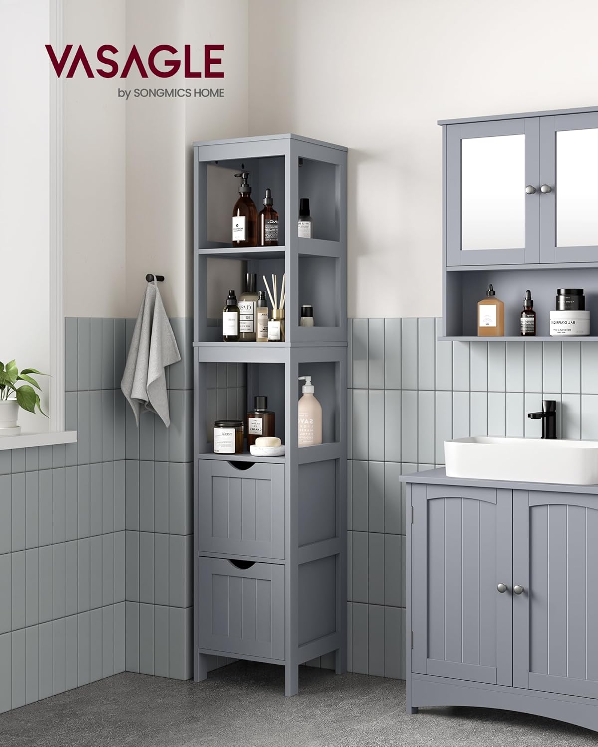 VASAGLE Bathroom Floor Cabinet, Bathroom Storage Organizer Rack Stand, Multifunctional Corner Unit, 2 Drawers, 55.7 Inches in Height, Dove Grey UBBC066G02